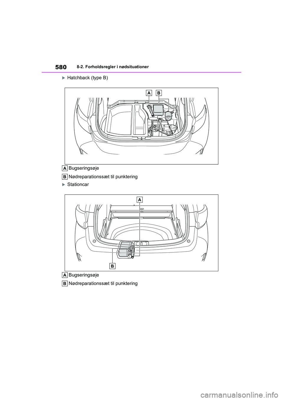TOYOTA COROLLA HATCHBACK 2021  Brugsanvisning (in Danish) 580
Corolla HV OM12P55DK8-2. Forholdsregler i nødsituationer
Hatchback (type B)
Bugseringsøje
Nødreparationssæt til punktering
StationcarBugseringsøje
Nødreparationssæt til punktering
OM1