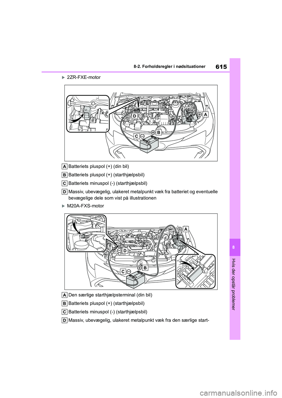 TOYOTA COROLLA HATCHBACK 2021 Brugsanvisning (in Danish) 615
8
Corolla HV OM12P55DK 8-2. Forholdsregler i nødsituationer
Hvis der opstår problemer
2ZR-FXE-motor
Batteriets pluspol (+) (din bil)
Batteriets pluspol (+) (starthjælpsbil)
Batteriets minusp TOYOTA COROLLA HATCHBACK 2021 Brugsanvisning (in Danish) 615
8
Corolla HV OM12P55DK 8-2. Forholdsregler i nødsituationer
Hvis der opstår problemer
2ZR-FXE-motor
Batteriets pluspol (+) (din bil)
Batteriets pluspol (+) (starthjælpsbil)
Batteriets minusp