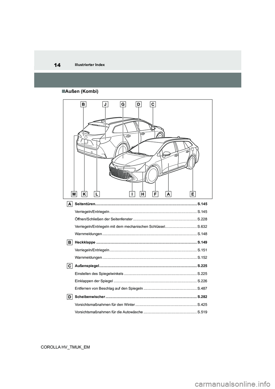TOYOTA COROLLA HATCHBACK 2020 Betriebsanleitungen (in German) 14Illustrierter Index
COROLLA HV_TMUK_EM
■Außen (Kombi)
Seitentüren................................................................................................... S.145
Verriegeln/Entriegeln TOYOTA COROLLA HATCHBACK 2020 Betriebsanleitungen (in German) 14Illustrierter Index
COROLLA HV_TMUK_EM
■Außen (Kombi)
Seitentüren................................................................................................... S.145
Verriegeln/Entriegeln