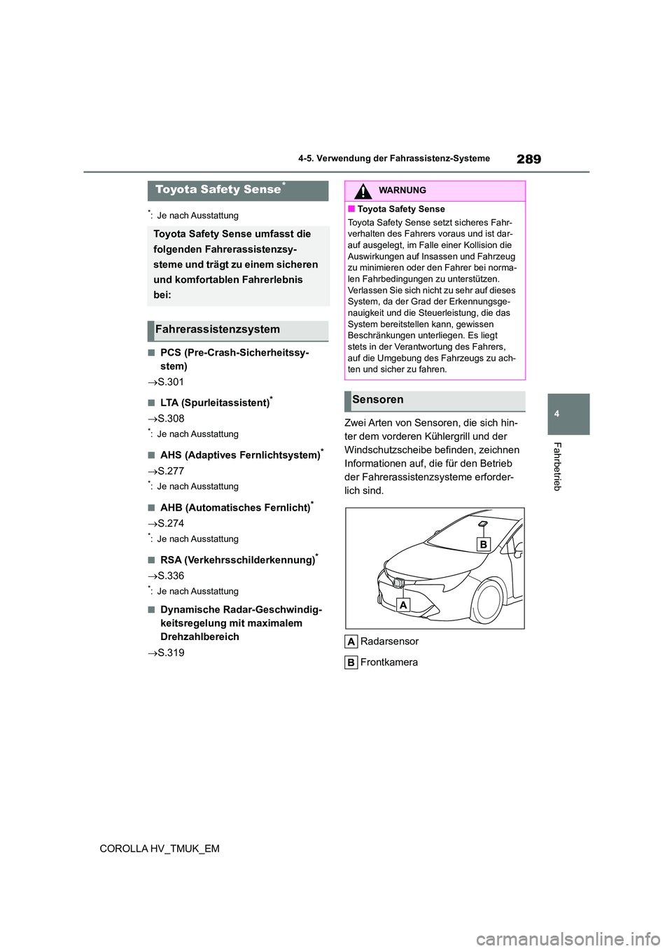 TOYOTA COROLLA HATCHBACK 2020 Betriebsanleitungen (in German) 289
4
4-5. Verwendung der Fahrassistenz-Systeme
Fahrbetrieb
COROLLA HV_TMUK_EM
4-5.Verwendung der Fahrassistenz-Systeme
*: Je nach Ausstattung
■PCS (Pre-Crash-Sicherheitssy-
stem)
S.301
■LT TOYOTA COROLLA HATCHBACK 2020 Betriebsanleitungen (in German) 289
4
4-5. Verwendung der Fahrassistenz-Systeme
Fahrbetrieb
COROLLA HV_TMUK_EM
4-5.Verwendung der Fahrassistenz-Systeme
*: Je nach Ausstattung
■PCS (Pre-Crash-Sicherheitssy-
stem)
S.301
■LT