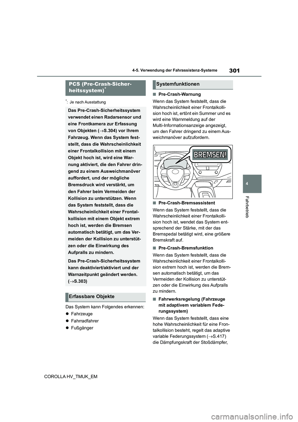 TOYOTA COROLLA HATCHBACK 2020 Betriebsanleitungen (in German) 301
4
4-5. Verwendung der Fahrassistenz-Systeme
Fahrbetrieb
COROLLA HV_TMUK_EM
*: Je nach Ausstattung
Das System kann Folgendes erkennen:
Fahrzeuge
Fahrradfahrer
Fußgänger
■Pre-Cra TOYOTA COROLLA HATCHBACK 2020 Betriebsanleitungen (in German) 301
4
4-5. Verwendung der Fahrassistenz-Systeme
Fahrbetrieb
COROLLA HV_TMUK_EM
*: Je nach Ausstattung
Das System kann Folgendes erkennen:
Fahrzeuge
Fahrradfahrer
Fußgänger
■Pre-Cra