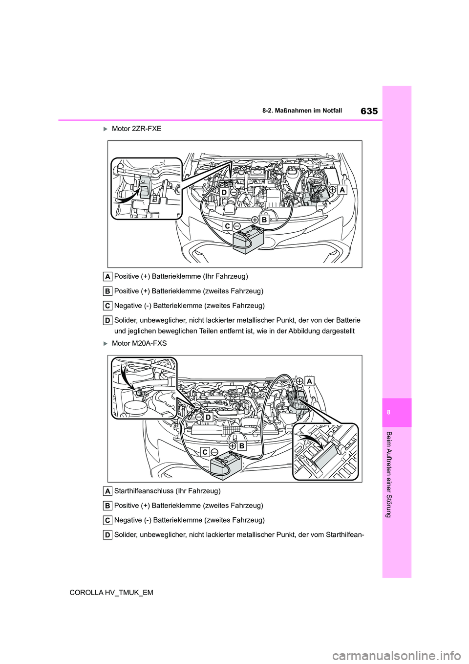 TOYOTA COROLLA HATCHBACK 2020  Betriebsanleitungen (in German) 635
8 
8-2. Maßnahmen im Notfall
Beim Auftreten einer Störung
COROLLA HV_TMUK_EM
Motor 2ZR-FXE 
Positive (+) Batteriekl emme (Ihr Fahrzeug) 
Positive (+) Batterieklemme (zweites Fahrzeug) 
Negati