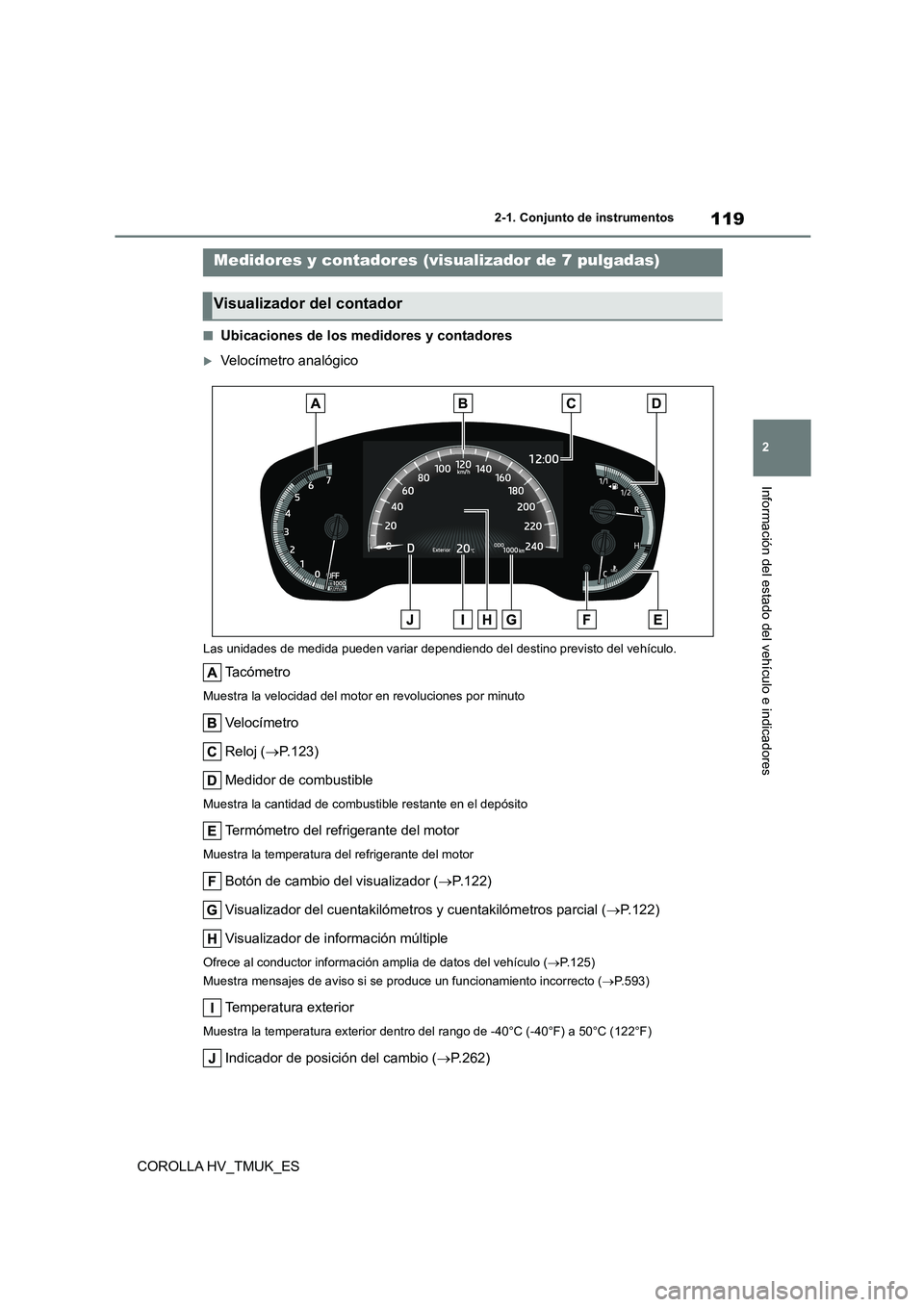 TOYOTA COROLLA HATCHBACK 2021 Manual del propietario (in Spanish) 119
2
2-1. Conjunto de instrumentos
Información del estado del vehículo e indicadores
COROLLA HV_TMUK_ES
■Ubicaciones de los medidores y contadores
Velocímetro analógico
Las unidades de medi TOYOTA COROLLA HATCHBACK 2021 Manual del propietario (in Spanish) 119
2
2-1. Conjunto de instrumentos
Información del estado del vehículo e indicadores
COROLLA HV_TMUK_ES
■Ubicaciones de los medidores y contadores
Velocímetro analógico
Las unidades de medi