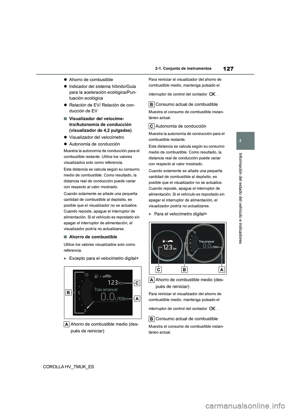 TOYOTA COROLLA HATCHBACK 2021 Manual del propietario (in Spanish) 127
2
2-1. Conjunto de instrumentos
Información del estado del vehículo e indicadores
COROLLA HV_TMUK_ES
Ahorro de combustible
Indicador del sistema híbrido/Guía
para la aceleración TOYOTA COROLLA HATCHBACK 2021 Manual del propietario (in Spanish) 127
2
2-1. Conjunto de instrumentos
Información del estado del vehículo e indicadores
COROLLA HV_TMUK_ES
Ahorro de combustible
Indicador del sistema híbrido/Guía
para la aceleración