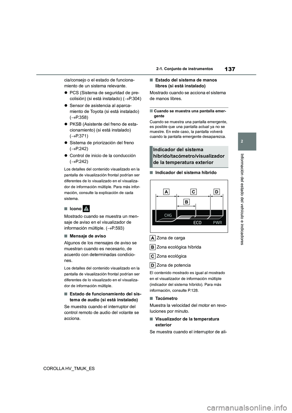 TOYOTA COROLLA HATCHBACK 2021  Manual del propietario (in Spanish) 137
2 
2-1. Conjunto de instrumentos
Información del estado del vehículo e indicadores
COROLLA HV_TMUK_ES 
cia/consejo o el estado de funciona- 
miento de un sistema relevante. 
 PCS (Sistema de 