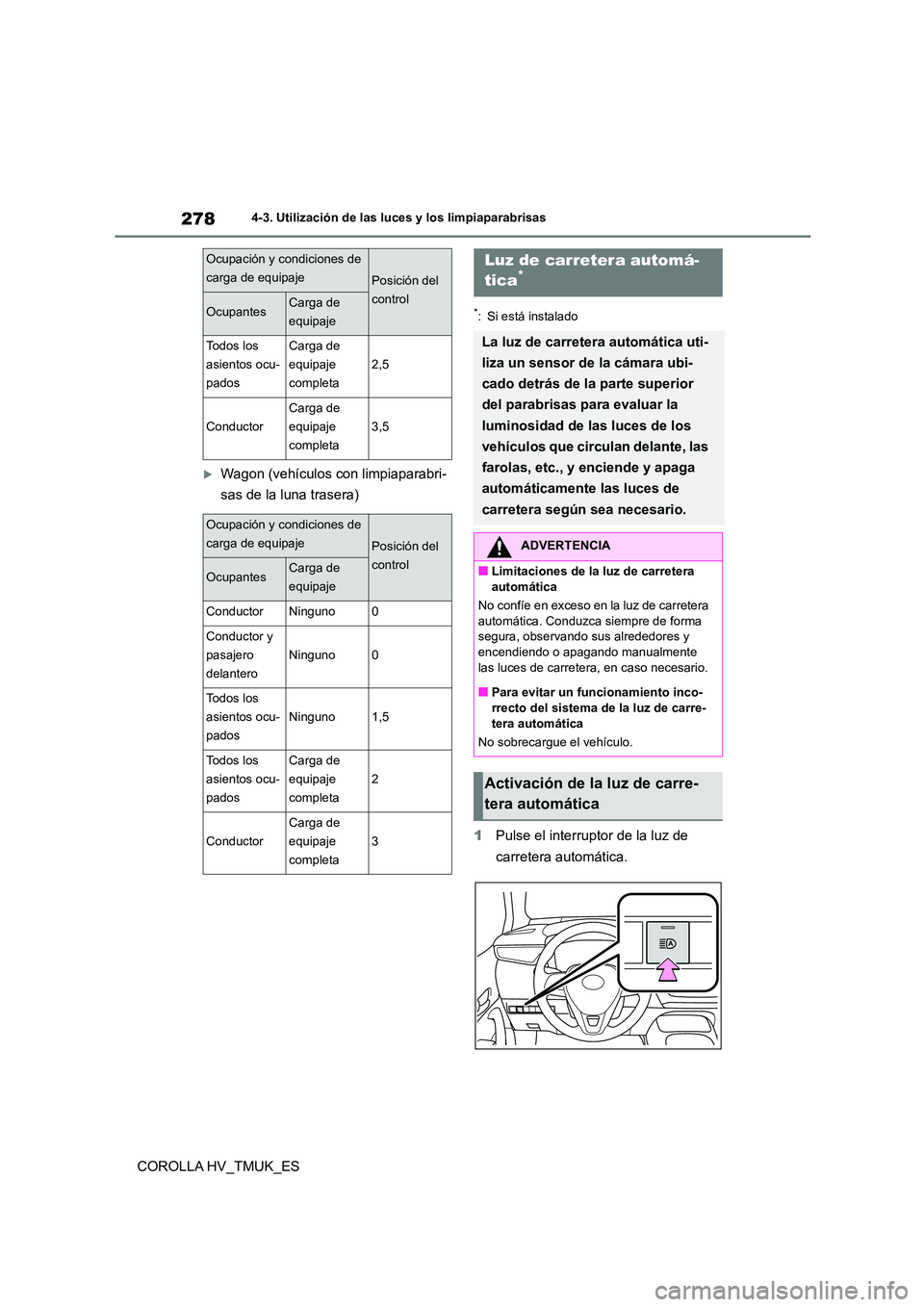 TOYOTA COROLLA HATCHBACK 2021 Manual del propietario (in Spanish) 2784-3. Utilización de las luces y los limpiaparabrisas
COROLLA HV_TMUK_ES
Wagon (vehículos con limpiaparabri-
sas de la luna trasera)
*: Si está instalado
1 Pulse el interruptor de la luz de TOYOTA COROLLA HATCHBACK 2021 Manual del propietario (in Spanish) 2784-3. Utilización de las luces y los limpiaparabrisas
COROLLA HV_TMUK_ES
Wagon (vehículos con limpiaparabri-
sas de la luna trasera)
*: Si está instalado
1 Pulse el interruptor de la luz de
