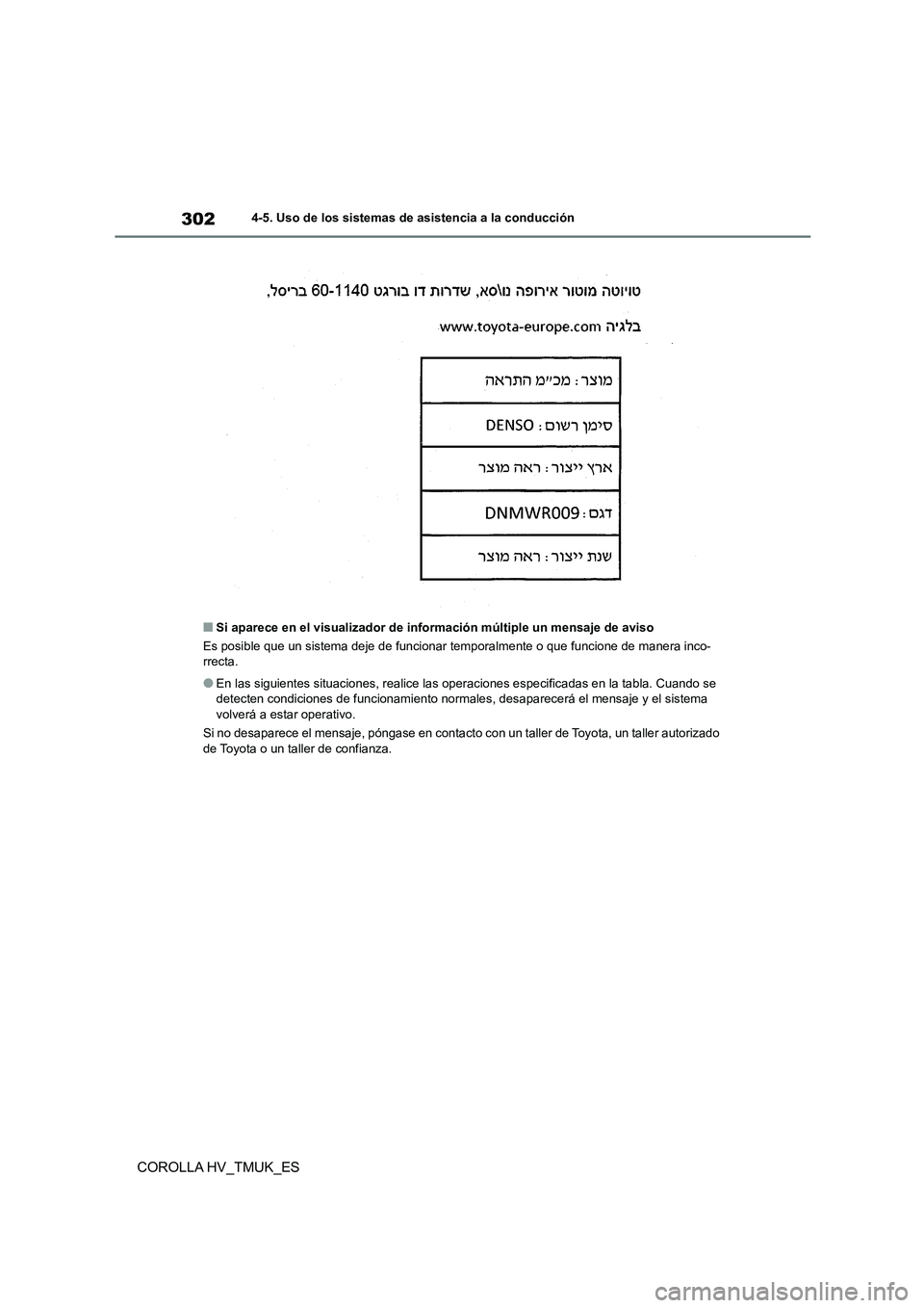 TOYOTA COROLLA HATCHBACK 2021 Manual del propietario (in Spanish) 3024-5. Uso de los sistemas de asistencia a la conducción
COROLLA HV_TMUK_ES
■Si aparece en el visualizador de información múltiple un mensaje de aviso
Es posible que un sistema deje de funcion TOYOTA COROLLA HATCHBACK 2021 Manual del propietario (in Spanish) 3024-5. Uso de los sistemas de asistencia a la conducción
COROLLA HV_TMUK_ES
■Si aparece en el visualizador de información múltiple un mensaje de aviso
Es posible que un sistema deje de funcion