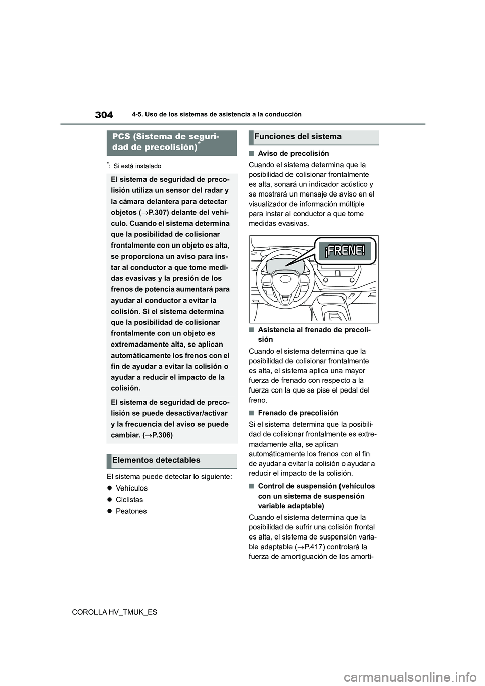 TOYOTA COROLLA HATCHBACK 2021 Manual del propietario (in Spanish) 3044-5. Uso de los sistemas de asistencia a la conducción
COROLLA HV_TMUK_ES
*: Si está instalado
El sistema puede detectar lo siguiente:
Ve h íc u l o s
Ciclistas
Peatones
■Aviso TOYOTA COROLLA HATCHBACK 2021 Manual del propietario (in Spanish) 3044-5. Uso de los sistemas de asistencia a la conducción
COROLLA HV_TMUK_ES
*: Si está instalado
El sistema puede detectar lo siguiente:
Ve h íc u l o s
Ciclistas
Peatones
■Aviso