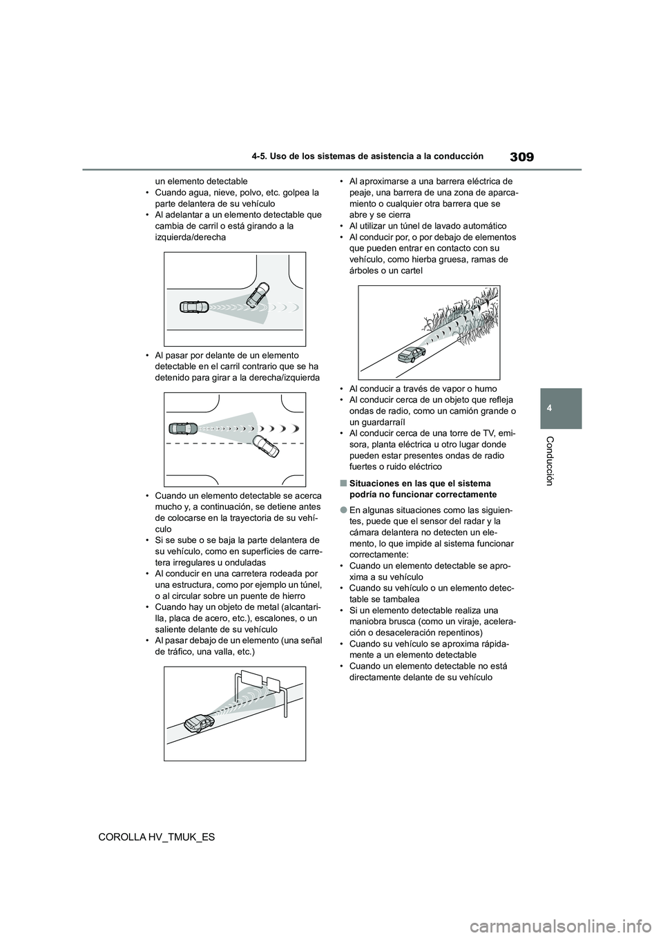 TOYOTA COROLLA HATCHBACK 2021 Manual del propietario (in Spanish) 309
4
4-5. Uso de los sistemas de asistencia a la conducción
Conducción
COROLLA HV_TMUK_ES
un elemento detectable • Cuando agua, nieve, polvo, etc. golpea la
parte delantera de su vehículo
• TOYOTA COROLLA HATCHBACK 2021 Manual del propietario (in Spanish) 309
4
4-5. Uso de los sistemas de asistencia a la conducción
Conducción
COROLLA HV_TMUK_ES
un elemento detectable • Cuando agua, nieve, polvo, etc. golpea la
parte delantera de su vehículo
•