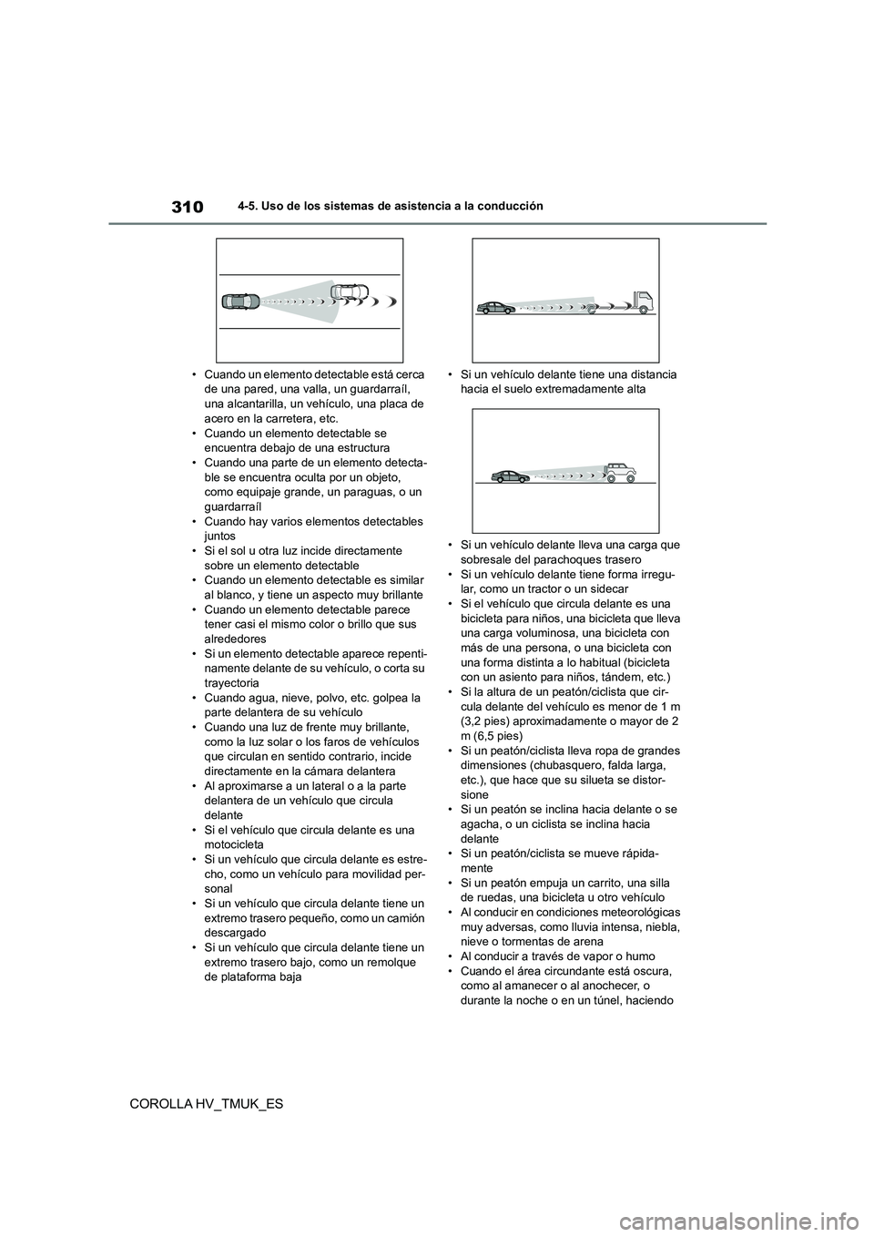 TOYOTA COROLLA HATCHBACK 2021 Manual del propietario (in Spanish) 3104-5. Uso de los sistemas de asistencia a la conducción
COROLLA HV_TMUK_ES
• Cuando un elemento detectable está cerca de una pared, una valla, un guardarraíl,
una alcantarilla, un vehículo, TOYOTA COROLLA HATCHBACK 2021 Manual del propietario (in Spanish) 3104-5. Uso de los sistemas de asistencia a la conducción
COROLLA HV_TMUK_ES
• Cuando un elemento detectable está cerca de una pared, una valla, un guardarraíl,
una alcantarilla, un vehículo,