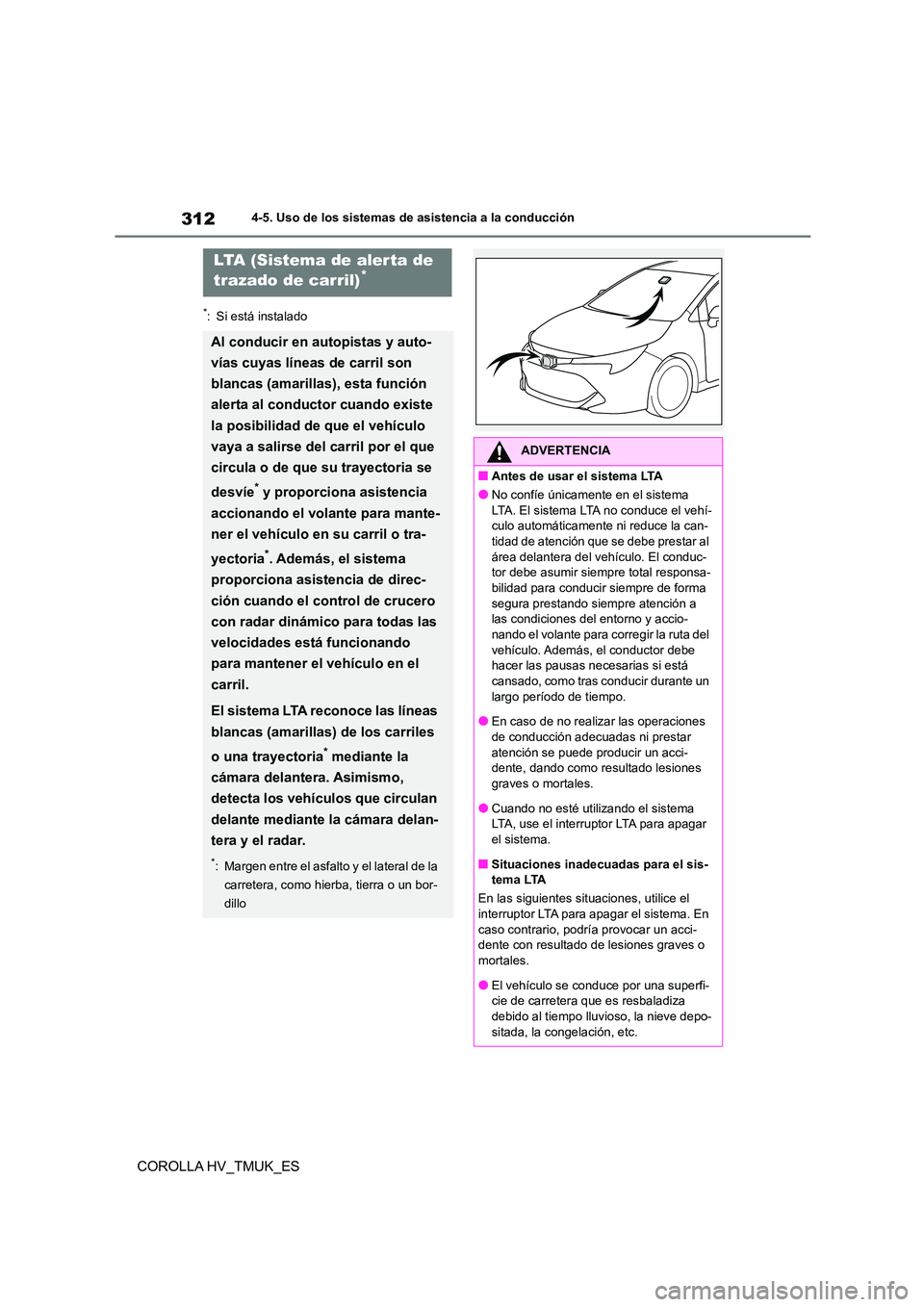 TOYOTA COROLLA HATCHBACK 2021 Manual del propietario (in Spanish) 3124-5. Uso de los sistemas de asistencia a la conducción
COROLLA HV_TMUK_ES
*: Si está instalado
LTA (Sistema de alerta de
trazado de carril)*
Al conducir en autopistas y auto-
vías cuyas líne TOYOTA COROLLA HATCHBACK 2021 Manual del propietario (in Spanish) 3124-5. Uso de los sistemas de asistencia a la conducción
COROLLA HV_TMUK_ES
*: Si está instalado
LTA (Sistema de alerta de
trazado de carril)*
Al conducir en autopistas y auto-
vías cuyas líne