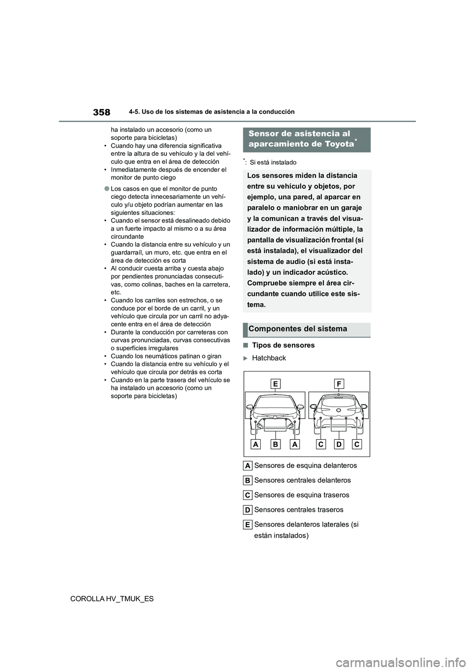 TOYOTA COROLLA HATCHBACK 2021 Manual del propietario (in Spanish) 3584-5. Uso de los sistemas de asistencia a la conducción
COROLLA HV_TMUK_ES
ha instalado un accesorio (como un soporte para bicicletas)
• Cuando hay una diferencia significativa
entre la altura TOYOTA COROLLA HATCHBACK 2021 Manual del propietario (in Spanish) 3584-5. Uso de los sistemas de asistencia a la conducción
COROLLA HV_TMUK_ES
ha instalado un accesorio (como un soporte para bicicletas)
• Cuando hay una diferencia significativa
entre la altura