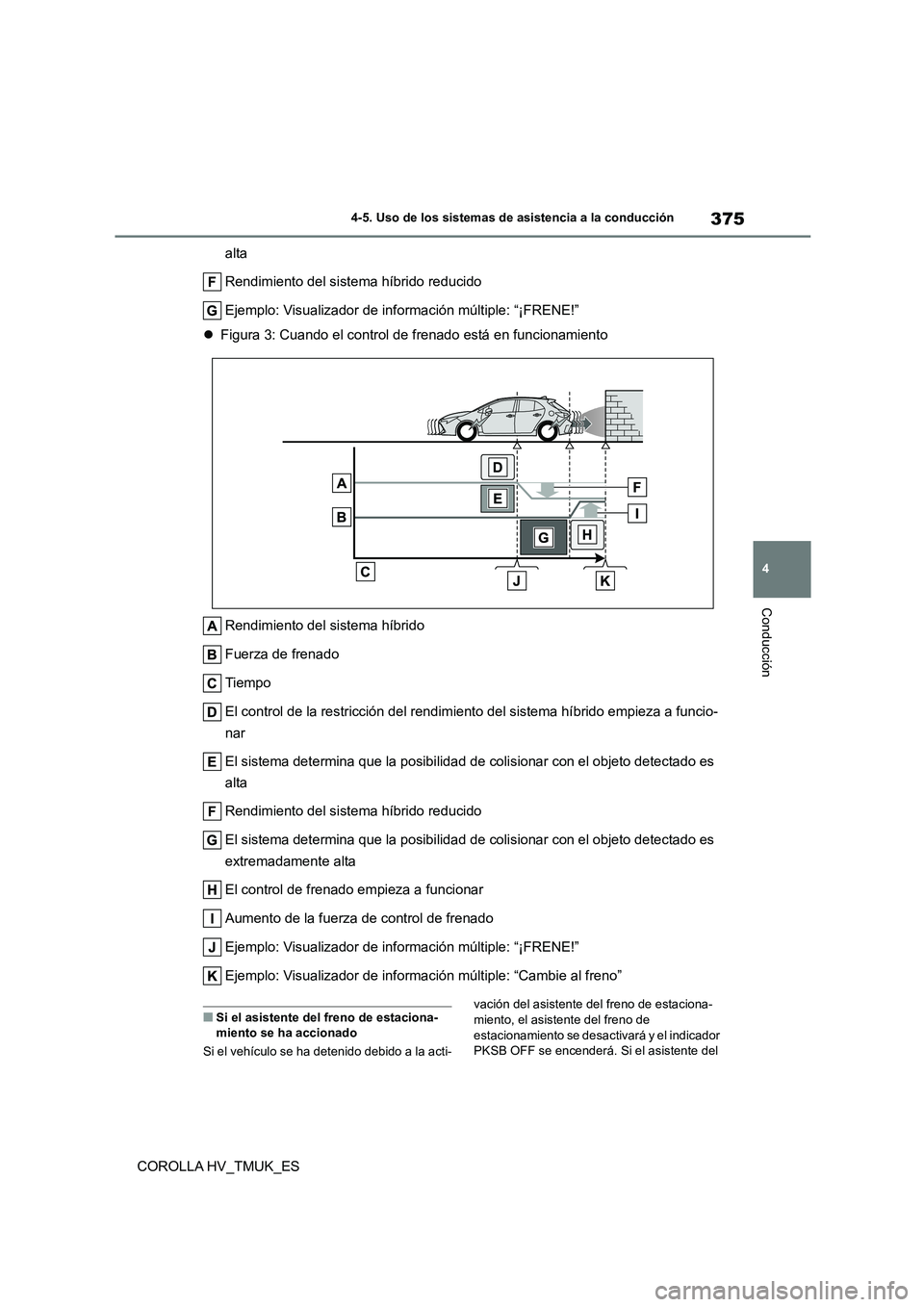 TOYOTA COROLLA HATCHBACK 2021 Manual del propietario (in Spanish) 375
4
4-5. Uso de los sistemas de asistencia a la conducción
Conducción
COROLLA HV_TMUK_ES
alta
Rendimiento del sistema híbrido reducido
Ejemplo: Visualizador de información múltiple: “¡FR TOYOTA COROLLA HATCHBACK 2021 Manual del propietario (in Spanish) 375
4
4-5. Uso de los sistemas de asistencia a la conducción
Conducción
COROLLA HV_TMUK_ES
alta
Rendimiento del sistema híbrido reducido
Ejemplo: Visualizador de información múltiple: “¡FR