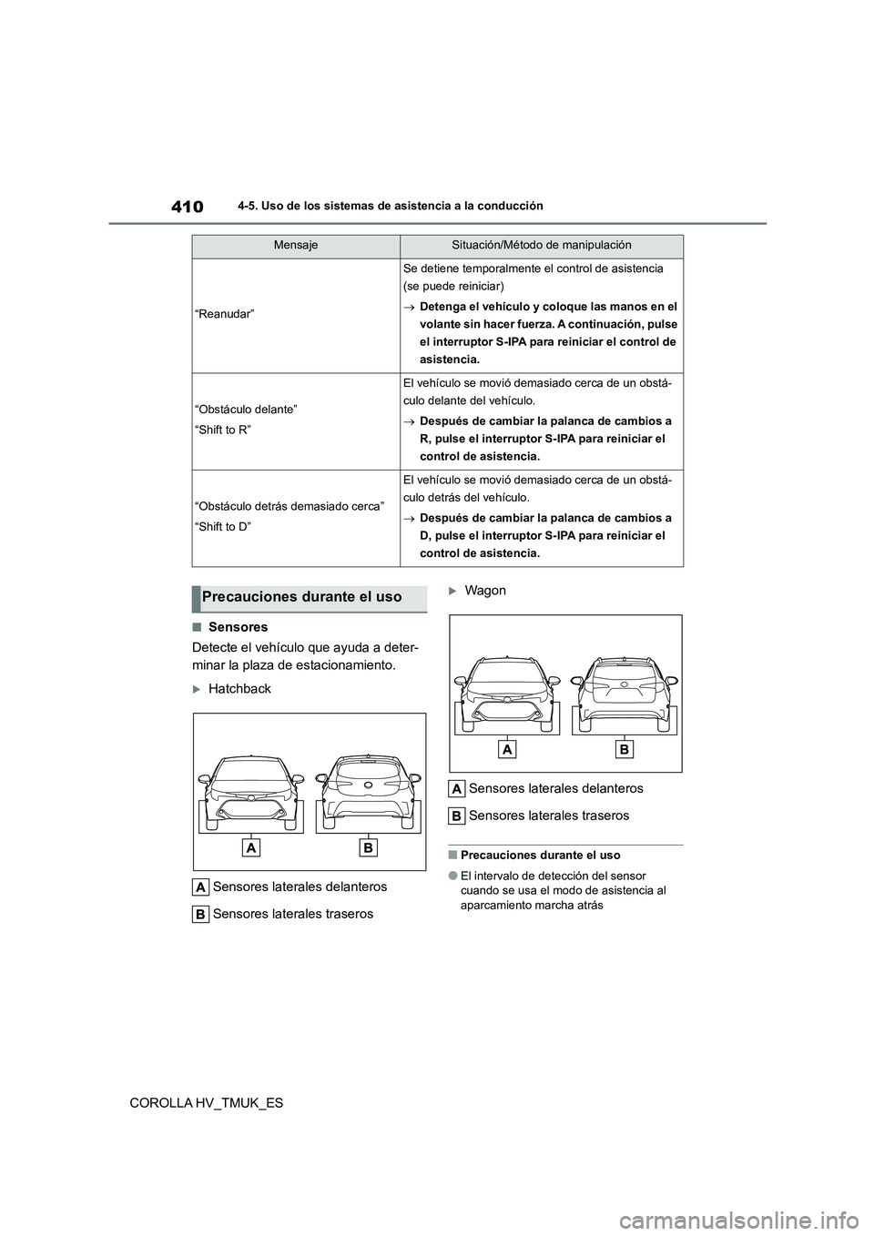 TOYOTA COROLLA HATCHBACK 2021 Manual del propietario (in Spanish) 4104-5. Uso de los sistemas de asistencia a la conducción
COROLLA HV_TMUK_ES
■Sensores
Detecte el vehículo que ayuda a deter-
minar la plaza de estacionamiento.
Hatchback
Sensores laterales TOYOTA COROLLA HATCHBACK 2021 Manual del propietario (in Spanish) 4104-5. Uso de los sistemas de asistencia a la conducción
COROLLA HV_TMUK_ES
■Sensores
Detecte el vehículo que ayuda a deter-
minar la plaza de estacionamiento.
Hatchback
Sensores laterales