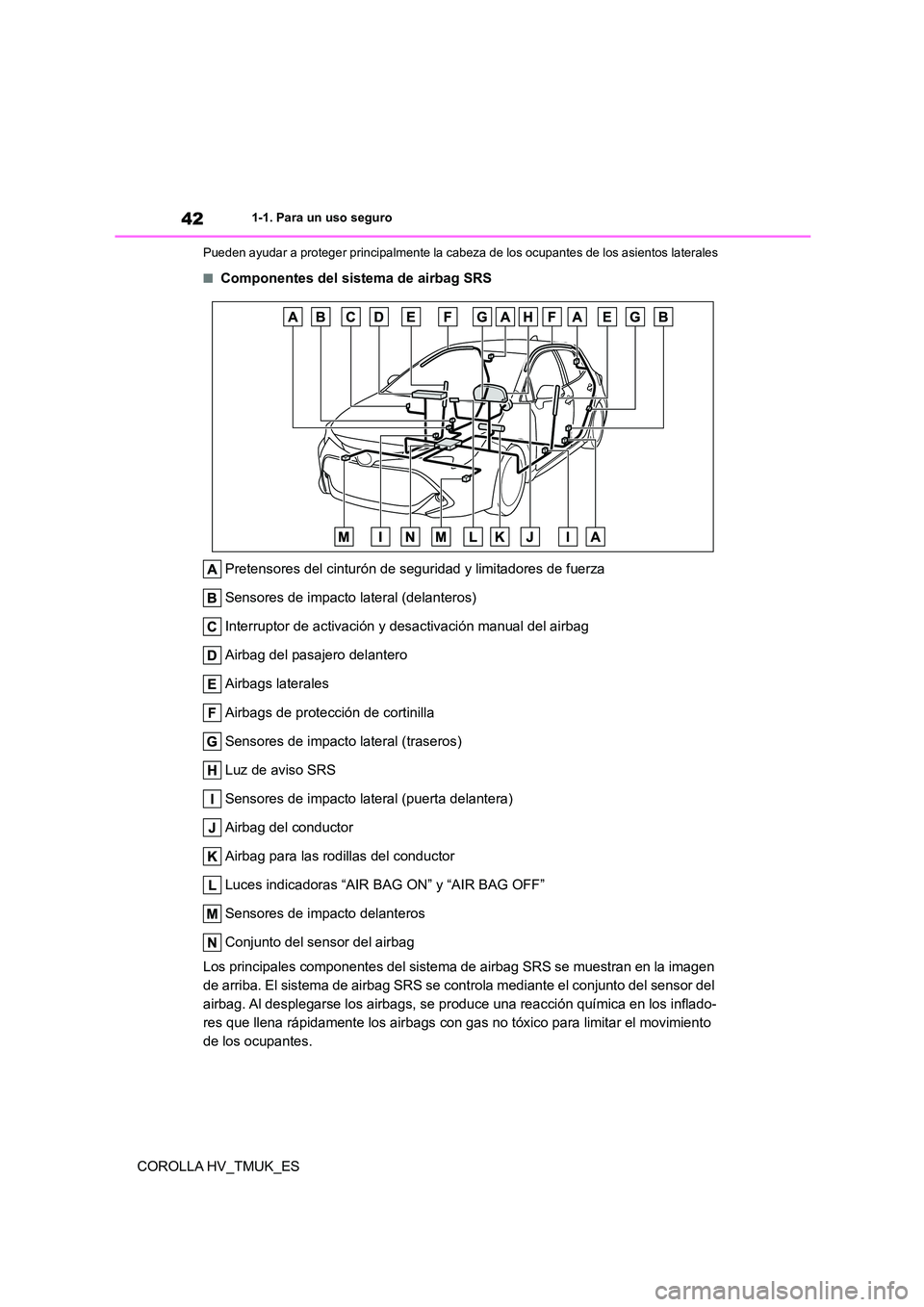 TOYOTA COROLLA HATCHBACK 2021 Manual del propietario (in Spanish) 421-1. Para un uso seguro
COROLLA HV_TMUK_ES
Pueden ayudar a proteger principalmente la cabeza de los ocupantes de los asientos laterales
■Componentes del sistema de airbag SRS
Pretensores del cint TOYOTA COROLLA HATCHBACK 2021 Manual del propietario (in Spanish) 421-1. Para un uso seguro
COROLLA HV_TMUK_ES
Pueden ayudar a proteger principalmente la cabeza de los ocupantes de los asientos laterales
■Componentes del sistema de airbag SRS
Pretensores del cint