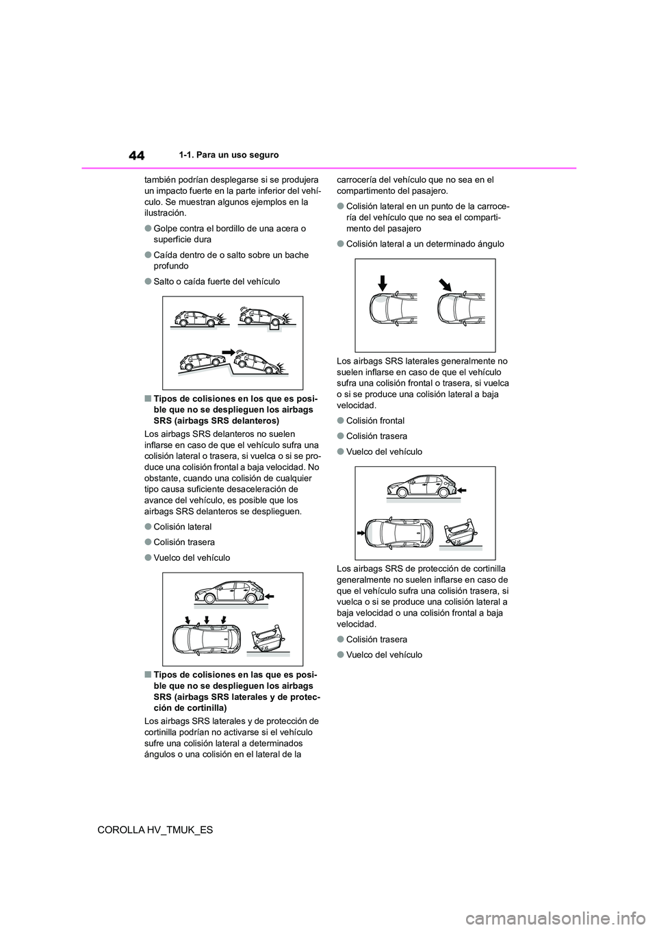 TOYOTA COROLLA HATCHBACK 2021 Manual del propietario (in Spanish) 441-1. Para un uso seguro
COROLLA HV_TMUK_ES
también podrían desplegarse si se produjera un impacto fuerte en la parte inferior del vehí-
culo. Se muestran algunos ejemplos en la
ilustración.
TOYOTA COROLLA HATCHBACK 2021 Manual del propietario (in Spanish) 441-1. Para un uso seguro
COROLLA HV_TMUK_ES
también podrían desplegarse si se produjera un impacto fuerte en la parte inferior del vehí-
culo. Se muestran algunos ejemplos en la
ilustración.