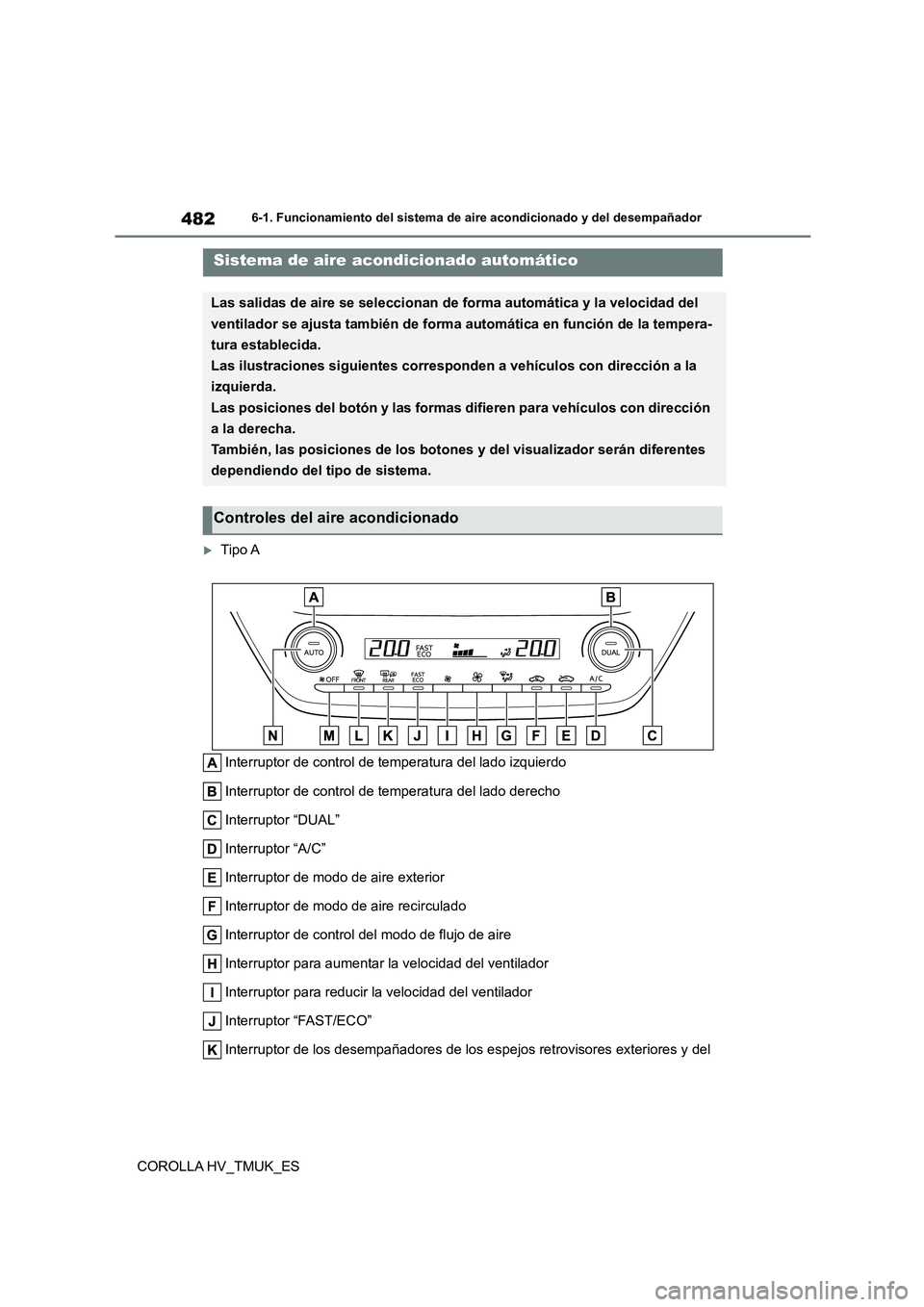 TOYOTA COROLLA HATCHBACK 2021 Manual del propietario (in Spanish) 4826-1. Funcionamiento del sistema de aire acondicionado y del desempañador
COROLLA HV_TMUK_ES
6-1.Funcionamiento del sistema de aire acondicionado y del desempañador
Tipo A
Interruptor de contr TOYOTA COROLLA HATCHBACK 2021 Manual del propietario (in Spanish) 4826-1. Funcionamiento del sistema de aire acondicionado y del desempañador
COROLLA HV_TMUK_ES
6-1.Funcionamiento del sistema de aire acondicionado y del desempañador
Tipo A
Interruptor de contr