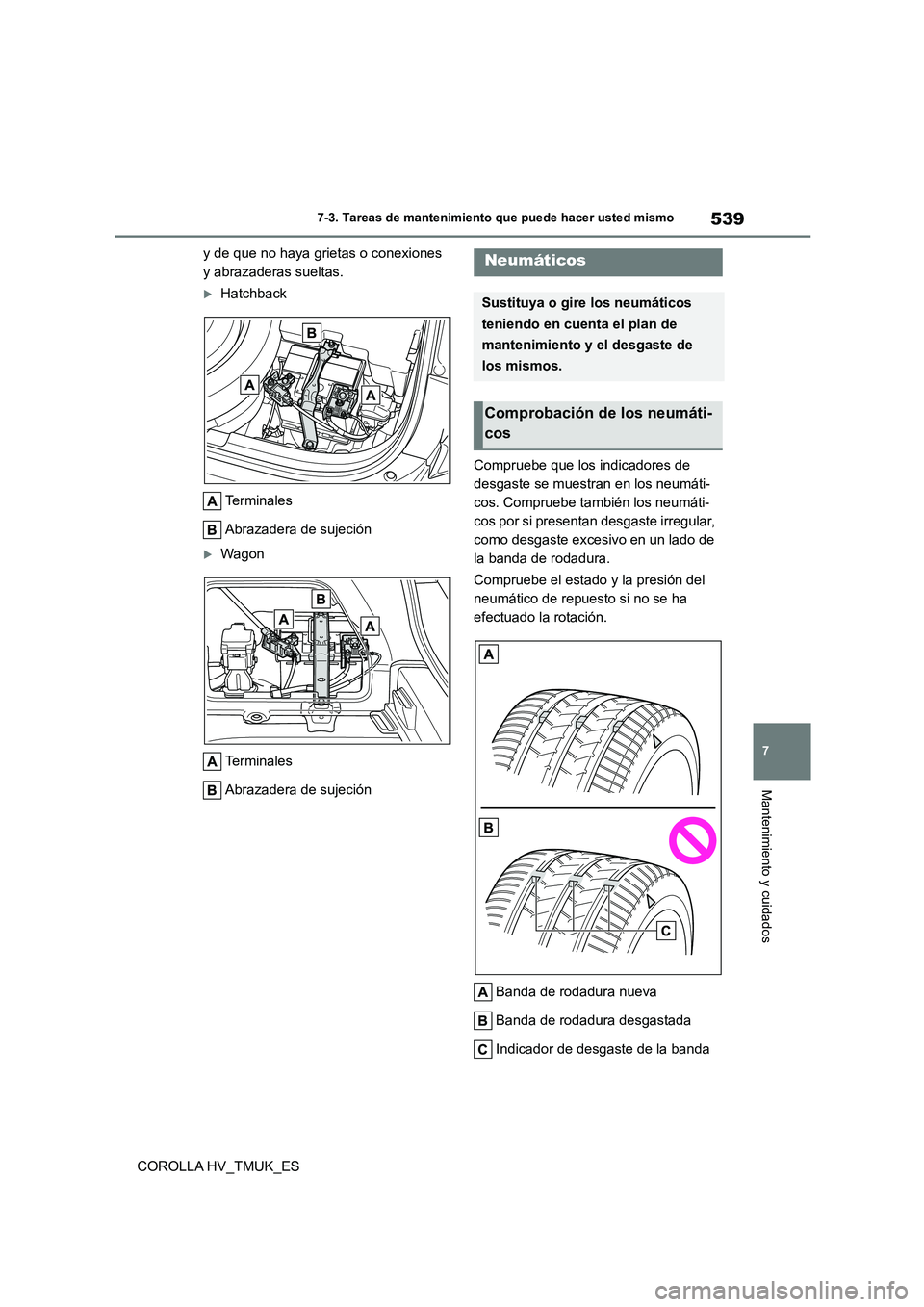 TOYOTA COROLLA HATCHBACK 2021 Manual del propietario (in Spanish) 539
7
7-3. Tareas de mantenimiento que puede hacer usted mismo
Mantenimiento y cuidados
COROLLA HV_TMUK_ES
y de que no haya grietas o conexiones
y abrazaderas sueltas.
Hatchback
Terminales
Ab TOYOTA COROLLA HATCHBACK 2021 Manual del propietario (in Spanish) 539
7
7-3. Tareas de mantenimiento que puede hacer usted mismo
Mantenimiento y cuidados
COROLLA HV_TMUK_ES
y de que no haya grietas o conexiones
y abrazaderas sueltas.
Hatchback
Terminales
Ab