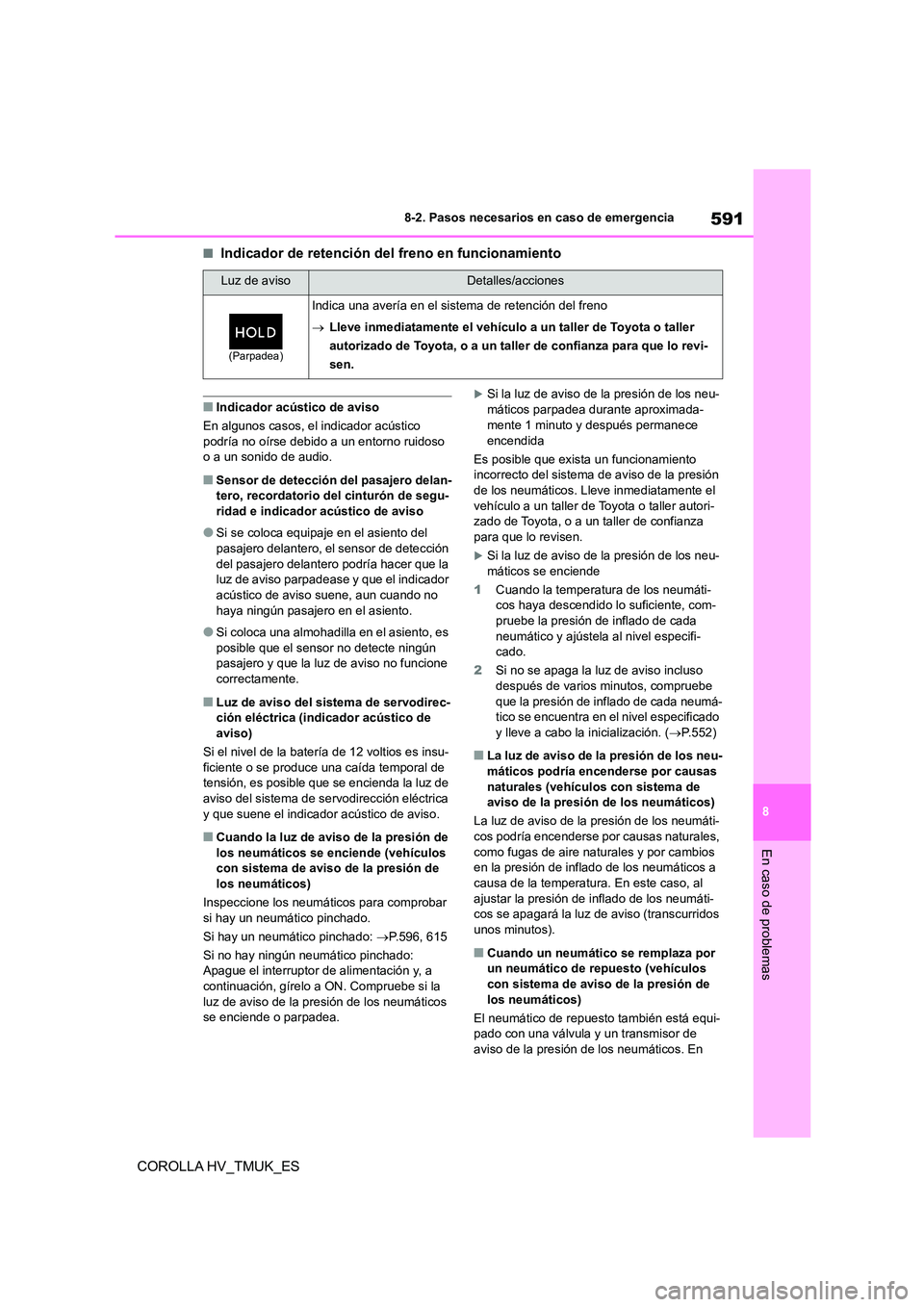 TOYOTA COROLLA HATCHBACK 2021 Manual del propietario (in Spanish) 591
8
8-2. Pasos necesarios en caso de emergencia
En caso de problemas
COROLLA HV_TMUK_ES
■Indicador de retención del freno en funcionamiento
■Indicador acústico de aviso
En algunos casos, el TOYOTA COROLLA HATCHBACK 2021 Manual del propietario (in Spanish) 591
8
8-2. Pasos necesarios en caso de emergencia
En caso de problemas
COROLLA HV_TMUK_ES
■Indicador de retención del freno en funcionamiento
■Indicador acústico de aviso
En algunos casos, el