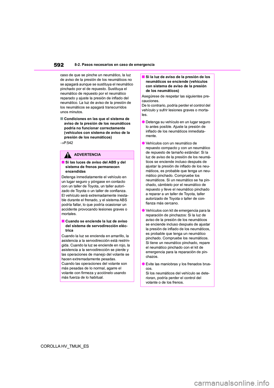 TOYOTA COROLLA HATCHBACK 2021 Manual del propietario (in Spanish) 5928-2. Pasos necesarios en caso de emergencia
COROLLA HV_TMUK_ES
caso de que se pinche un neumático, la luz de aviso de la presión de los neumáticos no
se apagará aunque se sustituya el neumá TOYOTA COROLLA HATCHBACK 2021 Manual del propietario (in Spanish) 5928-2. Pasos necesarios en caso de emergencia
COROLLA HV_TMUK_ES
caso de que se pinche un neumático, la luz de aviso de la presión de los neumáticos no
se apagará aunque se sustituya el neumá