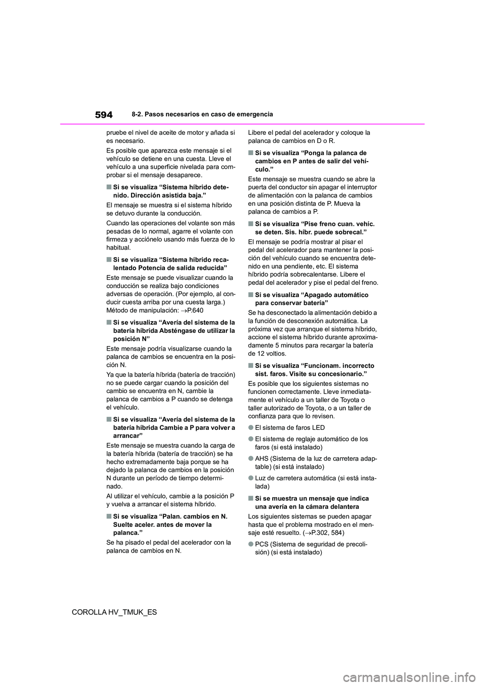 TOYOTA COROLLA HATCHBACK 2021 Manual del propietario (in Spanish) 5948-2. Pasos necesarios en caso de emergencia
COROLLA HV_TMUK_ES
pruebe el nivel de aceite de motor y añada si es necesario.
Es posible que aparezca este mensaje si el
vehículo se detiene en un TOYOTA COROLLA HATCHBACK 2021 Manual del propietario (in Spanish) 5948-2. Pasos necesarios en caso de emergencia
COROLLA HV_TMUK_ES
pruebe el nivel de aceite de motor y añada si es necesario.
Es posible que aparezca este mensaje si el
vehículo se detiene en un