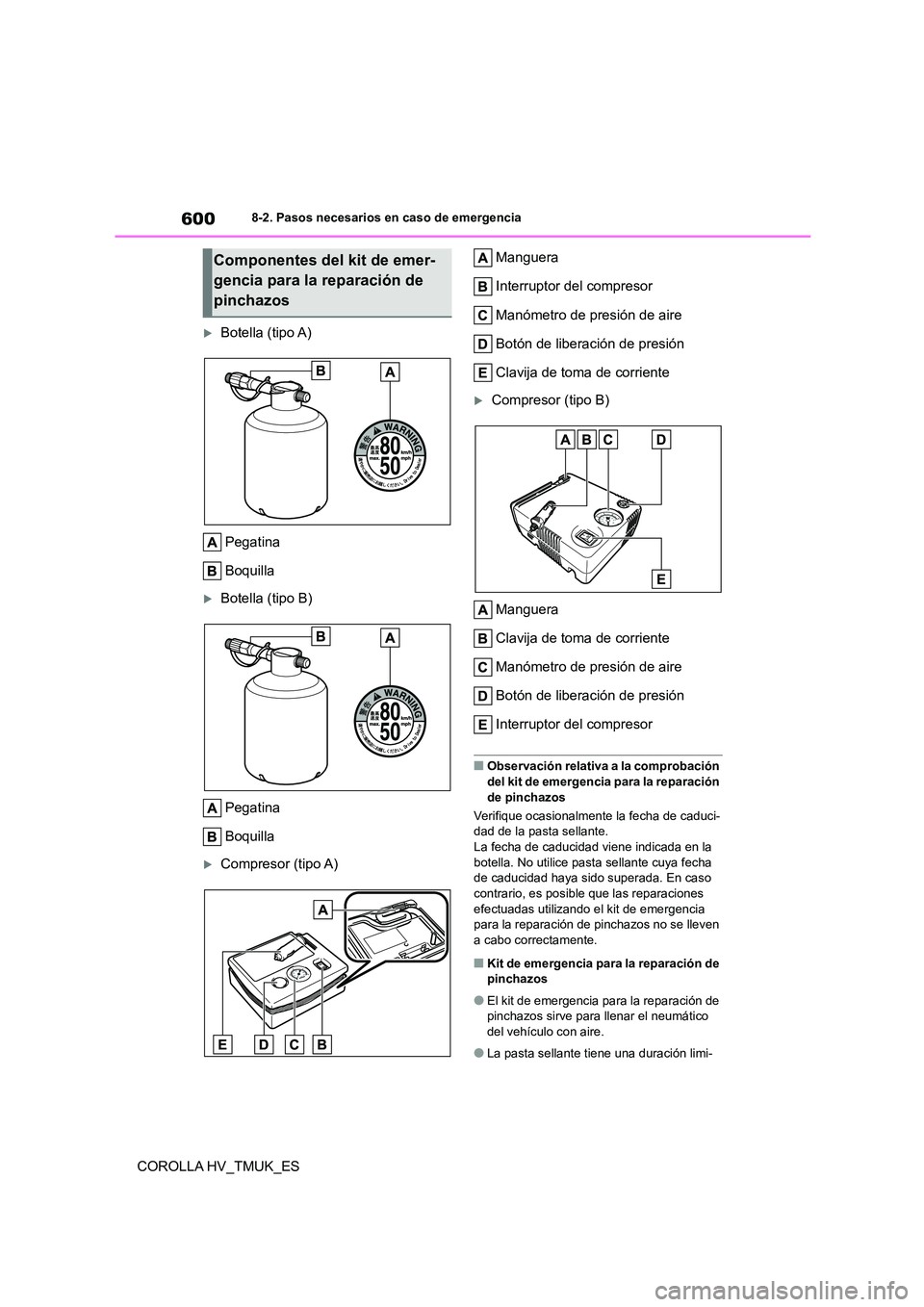 TOYOTA COROLLA HATCHBACK 2021 Manual del propietario (in Spanish) 6008-2. Pasos necesarios en caso de emergencia
COROLLA HV_TMUK_ES
Botella (tipo A)
Pegatina
Boquilla
Botella (tipo B)
Pegatina
Boquilla
Compresor (tipo A)
Manguera
Interruptor del compr TOYOTA COROLLA HATCHBACK 2021 Manual del propietario (in Spanish) 6008-2. Pasos necesarios en caso de emergencia
COROLLA HV_TMUK_ES
Botella (tipo A)
Pegatina
Boquilla
Botella (tipo B)
Pegatina
Boquilla
Compresor (tipo A)
Manguera
Interruptor del compr
