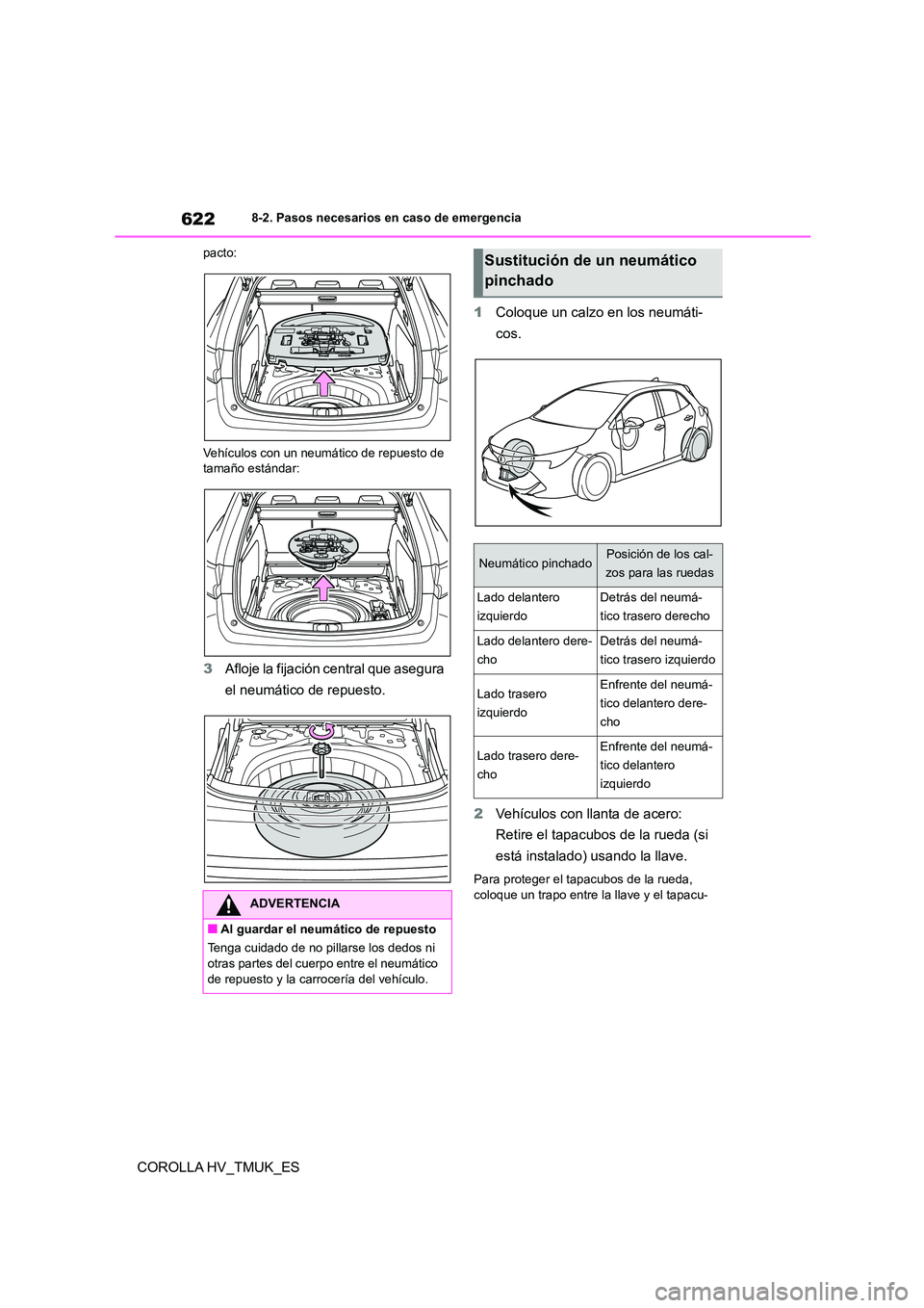 TOYOTA COROLLA HATCHBACK 2021 Manual del propietario (in Spanish) 6228-2. Pasos necesarios en caso de emergencia
COROLLA HV_TMUK_ES
pacto:
Vehículos con un neumático de repuesto de
tamaño estándar:
3 Afloje la fijación central que asegura
el neumático de TOYOTA COROLLA HATCHBACK 2021 Manual del propietario (in Spanish) 6228-2. Pasos necesarios en caso de emergencia
COROLLA HV_TMUK_ES
pacto:
Vehículos con un neumático de repuesto de
tamaño estándar:
3 Afloje la fijación central que asegura
el neumático de