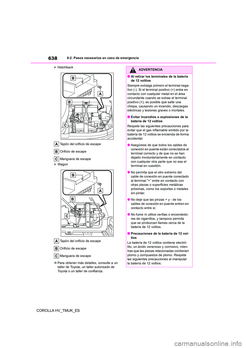 TOYOTA COROLLA HATCHBACK 2021 Manual del propietario (in Spanish) 6388-2. Pasos necesarios en caso de emergencia
COROLLA HV_TMUK_ES
Hatchback
Tapón del orificio de escape
Orificio de escape
Manguera de escape
Wagon
Tapón del orificio de escape
Orificio d TOYOTA COROLLA HATCHBACK 2021 Manual del propietario (in Spanish) 6388-2. Pasos necesarios en caso de emergencia
COROLLA HV_TMUK_ES
Hatchback
Tapón del orificio de escape
Orificio de escape
Manguera de escape
Wagon
Tapón del orificio de escape
Orificio d