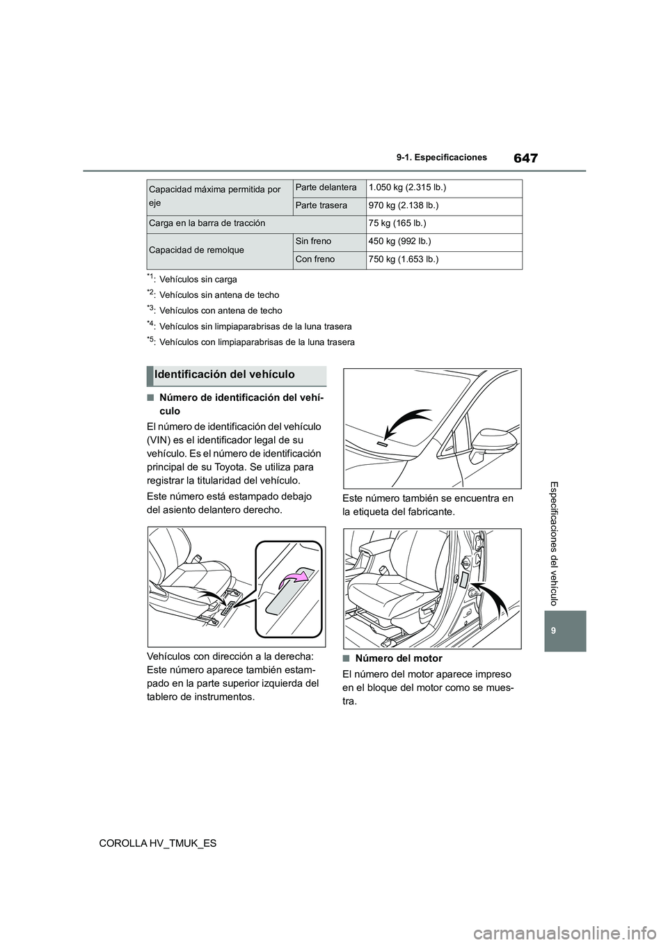 TOYOTA COROLLA HATCHBACK 2021 Manual del propietario (in Spanish) 647
9
9-1. Especificaciones
COROLLA HV_TMUK_ES
Especificaciones del vehículo
*1: Vehículos sin carga
*2: Vehículos sin antena de techo
*3: Vehículos con antena de techo
*4: Vehículos sin limpiap TOYOTA COROLLA HATCHBACK 2021 Manual del propietario (in Spanish) 647
9
9-1. Especificaciones
COROLLA HV_TMUK_ES
Especificaciones del vehículo
*1: Vehículos sin carga
*2: Vehículos sin antena de techo
*3: Vehículos con antena de techo
*4: Vehículos sin limpiap