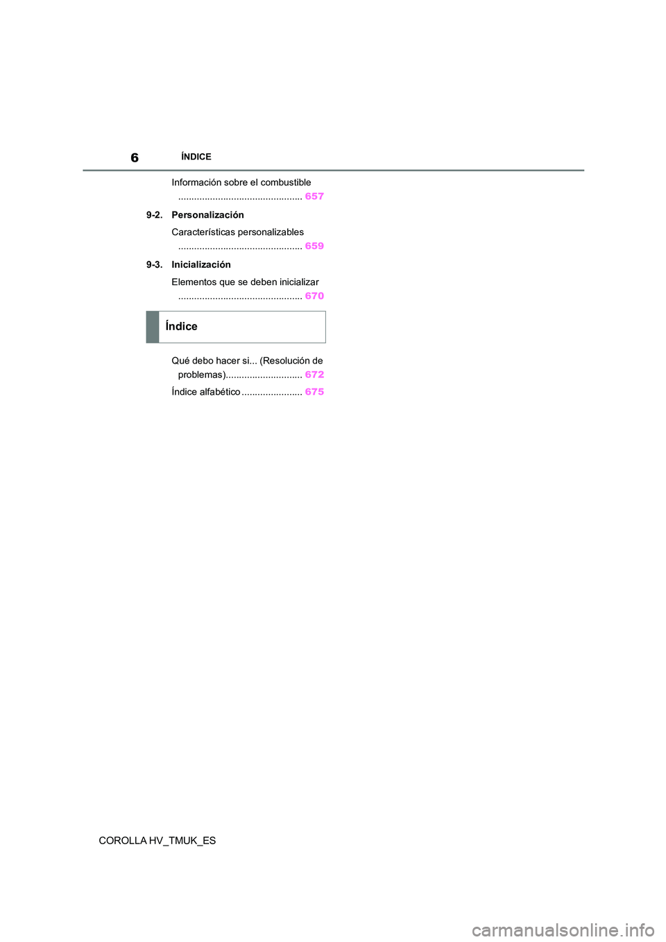TOYOTA COROLLA HATCHBACK 2021  Manual del propietario (in Spanish) 6ÍNDICE
COROLLA HV_TMUK_ES
Información sobre el combustible 
............................................... 657 
9-2. Personalización 
Características personalizables 
...........................