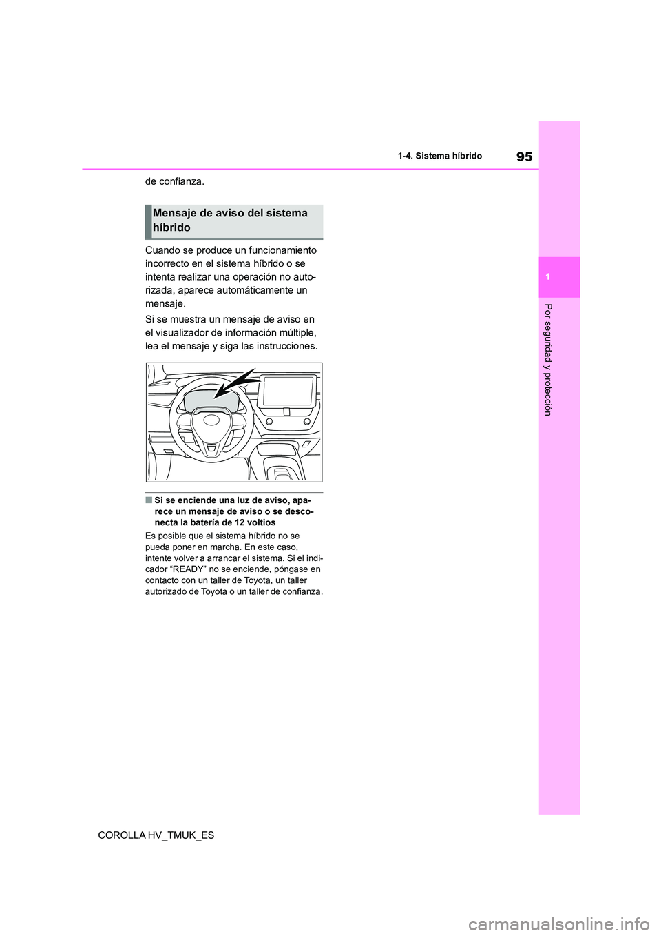 TOYOTA COROLLA HATCHBACK 2021 Manual del propietario (in Spanish) 95
1
1-4. Sistema híbrido
Por seguridad y protección
COROLLA HV_TMUK_ES
de confianza.
Cuando se produce un funcionamiento
incorrecto en el sistema híbrido o se
intenta realizar una operación TOYOTA COROLLA HATCHBACK 2021 Manual del propietario (in Spanish) 95
1
1-4. Sistema híbrido
Por seguridad y protección
COROLLA HV_TMUK_ES
de confianza.
Cuando se produce un funcionamiento
incorrecto en el sistema híbrido o se
intenta realizar una operación