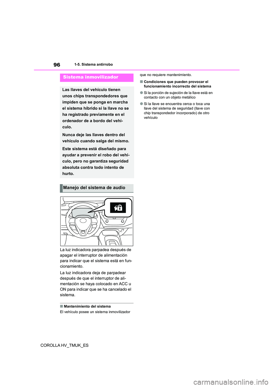 TOYOTA COROLLA HATCHBACK 2021 Manual del propietario (in Spanish) 961-5. Sistema antirrobo
COROLLA HV_TMUK_ES
1-5.Sistema antirrobo
La luz indicadora parpadea después de
apagar el interruptor de alimentación
para indicar que el sistema está en fun-
cionamiento TOYOTA COROLLA HATCHBACK 2021 Manual del propietario (in Spanish) 961-5. Sistema antirrobo
COROLLA HV_TMUK_ES
1-5.Sistema antirrobo
La luz indicadora parpadea después de
apagar el interruptor de alimentación
para indicar que el sistema está en fun-
cionamiento