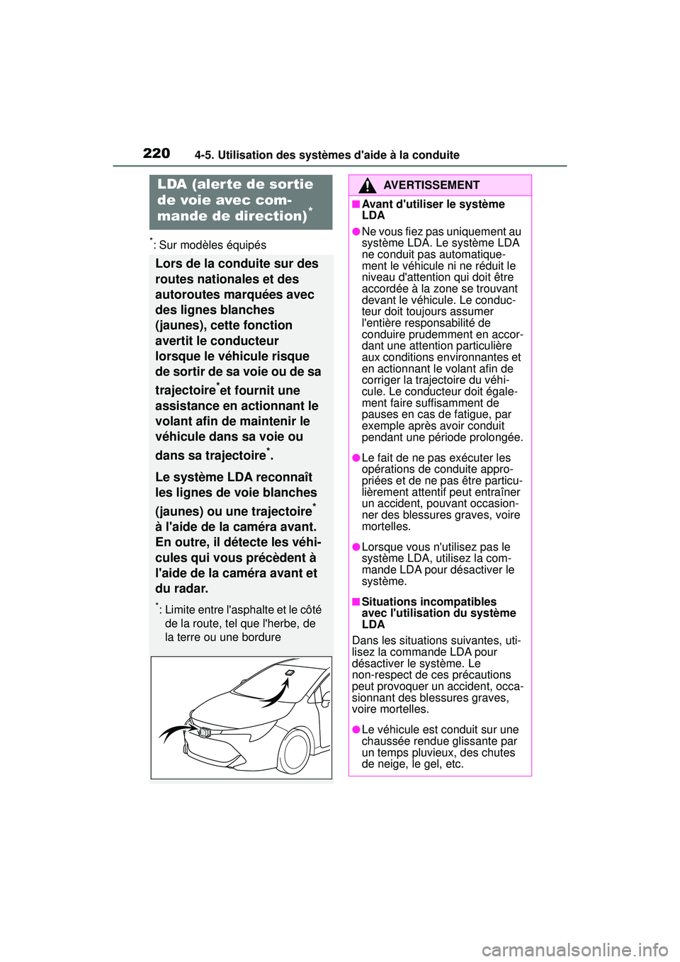 TOYOTA COROLLA HATCHBACK 2021 Manuel du propriétaire (in French) 2204-5. Utilisation des systèmes daide à la conduite
COROLLA H/B_D
*: Sur modèles équipés
LDA (alerte de sortie
de voie avec com-
mande de direction)
*
Lors de la conduite sur des
routes natio TOYOTA COROLLA HATCHBACK 2021 Manuel du propriétaire (in French) 2204-5. Utilisation des systèmes daide à la conduite
COROLLA H/B_D
*: Sur modèles équipés
LDA (alerte de sortie
de voie avec com-
mande de direction)
*
Lors de la conduite sur des
routes natio