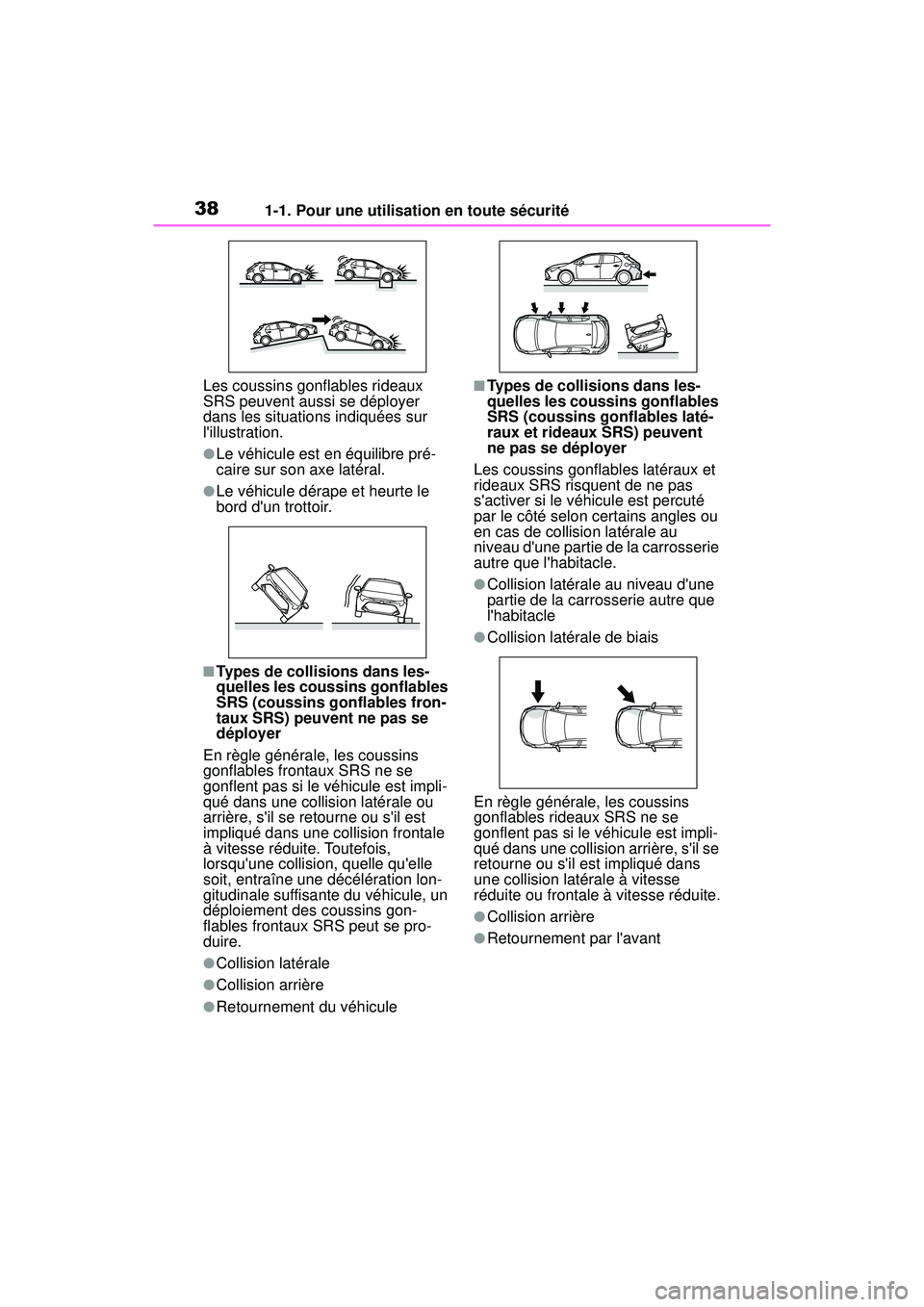 TOYOTA COROLLA HATCHBACK 2021 Manuel du propriétaire (in French) 381-1. Pour une utilisation en toute sécurité
COROLLA H/B_DLes coussins gonflables rideaux
SRS peuvent aussi se déployer
dans les situations indiquées sur
lillustration.
●Le véhicule est en TOYOTA COROLLA HATCHBACK 2021 Manuel du propriétaire (in French) 381-1. Pour une utilisation en toute sécurité
COROLLA H/B_DLes coussins gonflables rideaux
SRS peuvent aussi se déployer
dans les situations indiquées sur
lillustration.
●Le véhicule est en