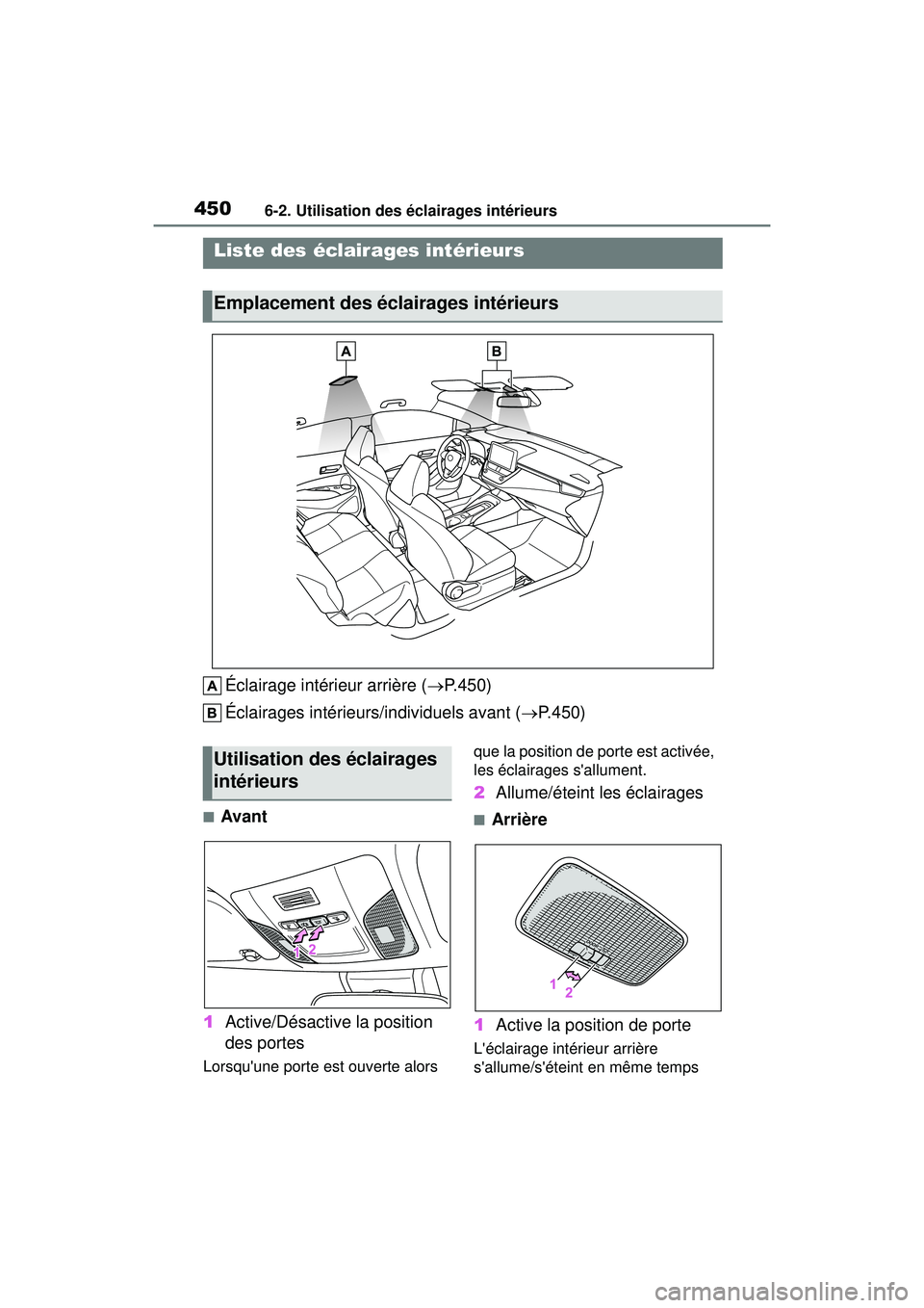 TOYOTA COROLLA HATCHBACK 2021 Manuel du propriétaire (in French) 4506-2. Utilisation des éclairages intérieurs
COROLLA H/B_D
6-2.Utilisation des éclairages intérieurs
Éclairage intérieur arrière (P.450)
Éclairages intérieurs/ individuels avant (P.450 TOYOTA COROLLA HATCHBACK 2021 Manuel du propriétaire (in French) 4506-2. Utilisation des éclairages intérieurs
COROLLA H/B_D
6-2.Utilisation des éclairages intérieurs
Éclairage intérieur arrière (P.450)
Éclairages intérieurs/ individuels avant (P.450