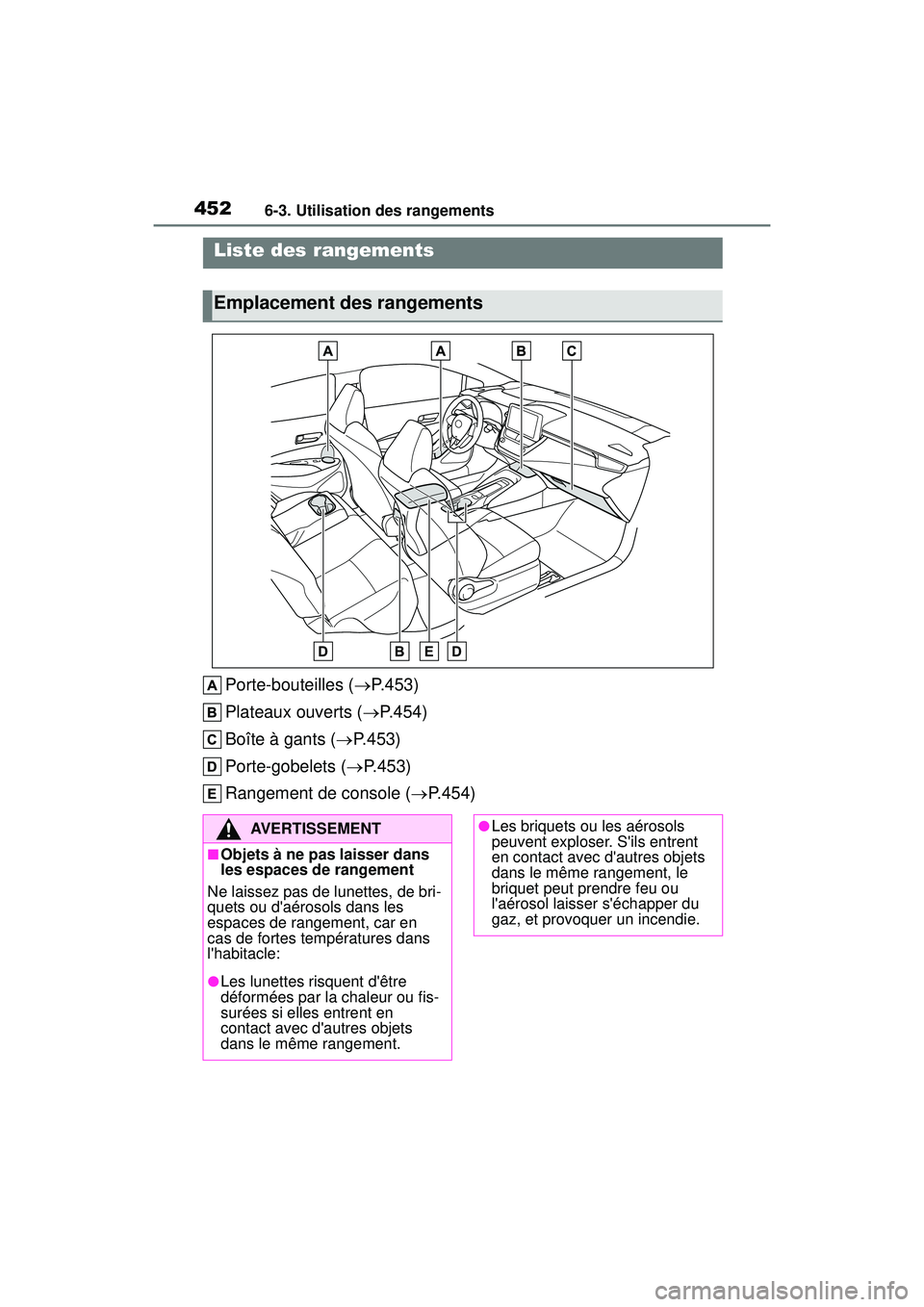 TOYOTA COROLLA HATCHBACK 2021 Manuel du propriétaire (in French) 4526-3. Utilisation des rangements
COROLLA H/B_D
6-3.Utilisation des rangements
Porte-bouteilles (P.453)
Plateaux ouverts ( P.454)
Boîte à gants ( P.453)
Porte-gobelets ( P.453)
Rangemen TOYOTA COROLLA HATCHBACK 2021 Manuel du propriétaire (in French) 4526-3. Utilisation des rangements
COROLLA H/B_D
6-3.Utilisation des rangements
Porte-bouteilles (P.453)
Plateaux ouverts ( P.454)
Boîte à gants ( P.453)
Porte-gobelets ( P.453)
Rangemen