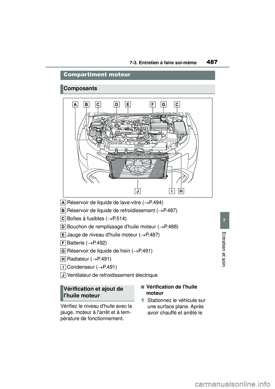 TOYOTA COROLLA HATCHBACK 2021 Manuel du propriétaire (in French) 4877-3. Entretien à faire soi-même
7
Entretien et soin
COROLLA H/B_D
Réservoir de liquide de lave-vitre (P.494)
Réservoir de liquide de refroidissement ( P.487)
Boîtes à fusibles ( P.51 TOYOTA COROLLA HATCHBACK 2021 Manuel du propriétaire (in French) 4877-3. Entretien à faire soi-même
7
Entretien et soin
COROLLA H/B_D
Réservoir de liquide de lave-vitre (P.494)
Réservoir de liquide de refroidissement ( P.487)
Boîtes à fusibles ( P.51