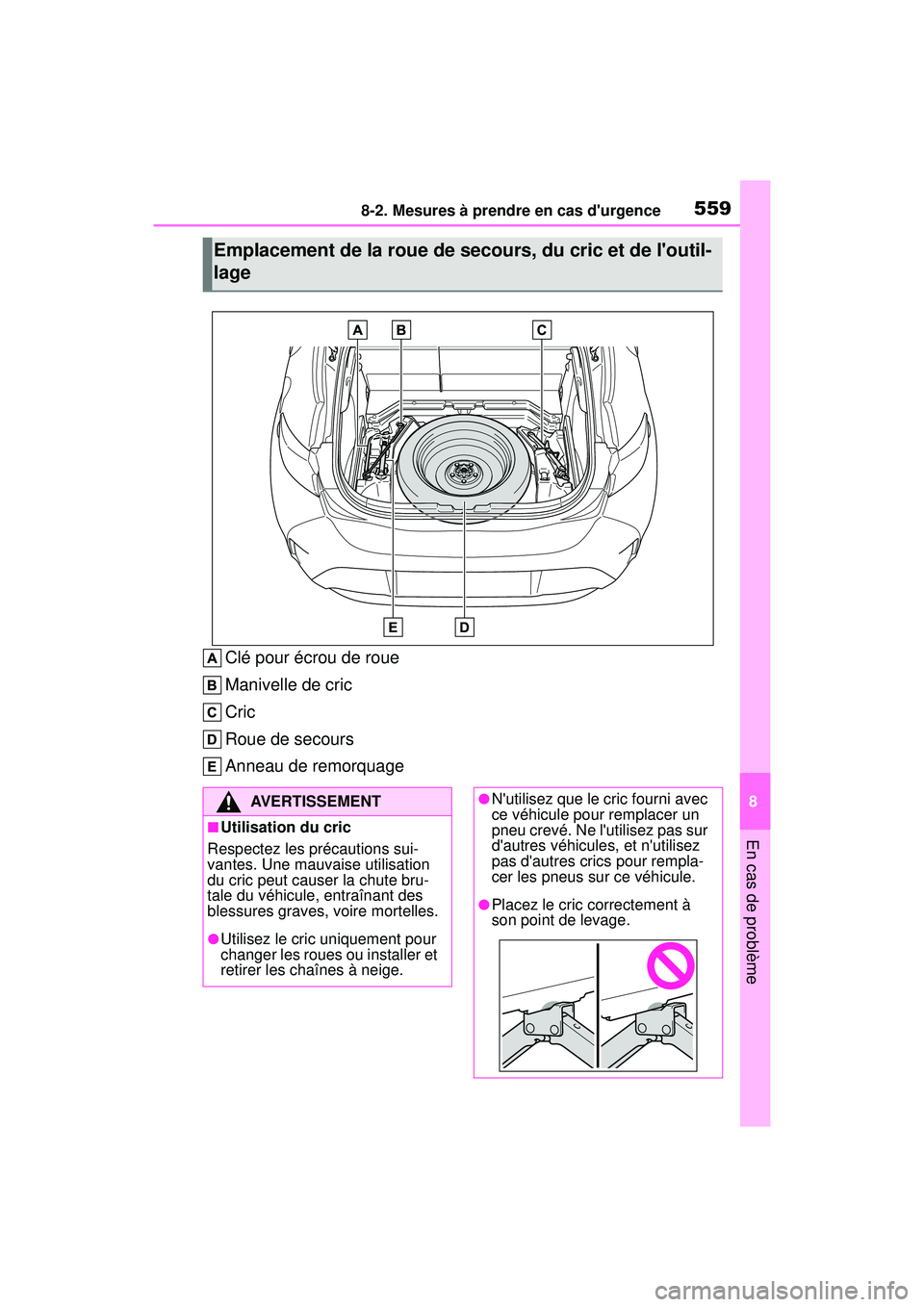 TOYOTA COROLLA HATCHBACK 2021 Manuel du propriétaire (in French) 5598-2. Mesures à prendre en cas durgence
8
En cas de problème
COROLLA H/B_D
Clé pour écrou de roue
Manivelle de cric
Cric
Roue de secours
Anneau de remorquage
Emplacement de la roue de secours, TOYOTA COROLLA HATCHBACK 2021 Manuel du propriétaire (in French) 5598-2. Mesures à prendre en cas durgence
8
En cas de problème
COROLLA H/B_D
Clé pour écrou de roue
Manivelle de cric
Cric
Roue de secours
Anneau de remorquage
Emplacement de la roue de secours,