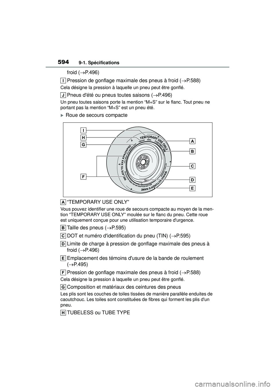 TOYOTA COROLLA HATCHBACK 2021 Manuel du propriétaire (in French) 5949-1. Spécifications
COROLLA H/B_D
froid (P.496)
Pression de gonflage maximale des pneus à froid ( P.588)
Cela désigne la pression à laquelle un pneu peut être gonflé.
Pneus dété ou p TOYOTA COROLLA HATCHBACK 2021 Manuel du propriétaire (in French) 5949-1. Spécifications
COROLLA H/B_D
froid (P.496)
Pression de gonflage maximale des pneus à froid ( P.588)
Cela désigne la pression à laquelle un pneu peut être gonflé.
Pneus dété ou p