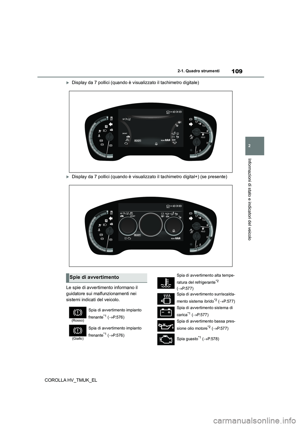 TOYOTA COROLLA HATCHBACK 2021 Manuale duso (in Italian) 109
2
2-1. Quadro strumenti
Informazioni di stato e indicatori del veicolo
COROLLA HV_TMUK_EL
Display da 7 pollici (quando è visualizzato il tachimetro digitale)
Display da 7 pollici (quando TOYOTA COROLLA HATCHBACK 2021 Manuale duso (in Italian) 109
2
2-1. Quadro strumenti
Informazioni di stato e indicatori del veicolo
COROLLA HV_TMUK_EL
Display da 7 pollici (quando è visualizzato il tachimetro digitale)
Display da 7 pollici (quando