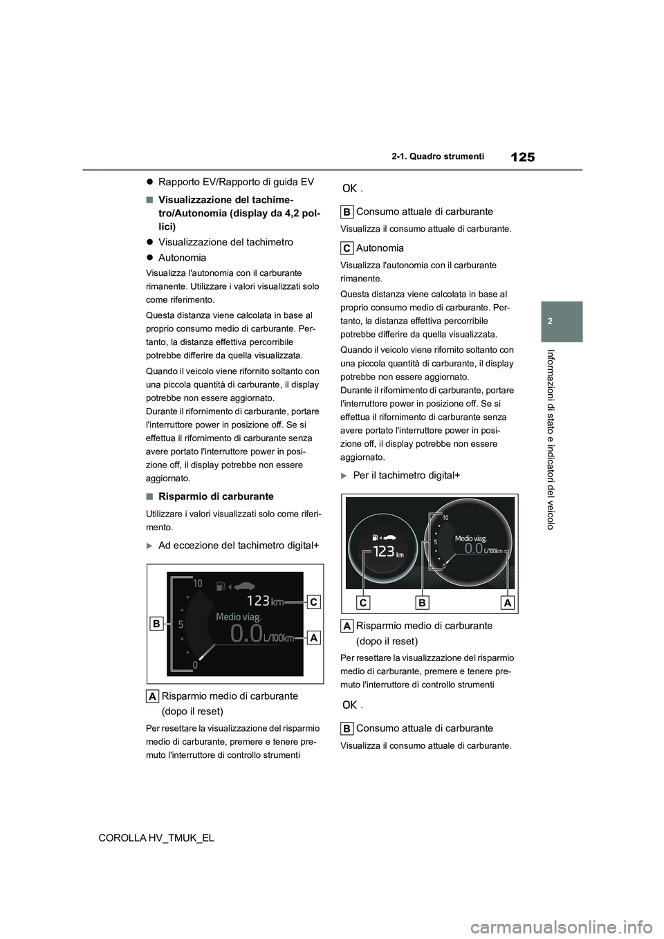 TOYOTA COROLLA HATCHBACK 2021 Manuale duso (in Italian) 125
2
2-1. Quadro strumenti
Informazioni di stato e indicatori del veicolo
COROLLA HV_TMUK_EL
Rapporto EV/Rapporto di guida EV
■Visualizzazione del tachime-
tro/Autonomia (display da 4,2 pol- TOYOTA COROLLA HATCHBACK 2021 Manuale duso (in Italian) 125
2
2-1. Quadro strumenti
Informazioni di stato e indicatori del veicolo
COROLLA HV_TMUK_EL
Rapporto EV/Rapporto di guida EV
■Visualizzazione del tachime-
tro/Autonomia (display da 4,2 pol-