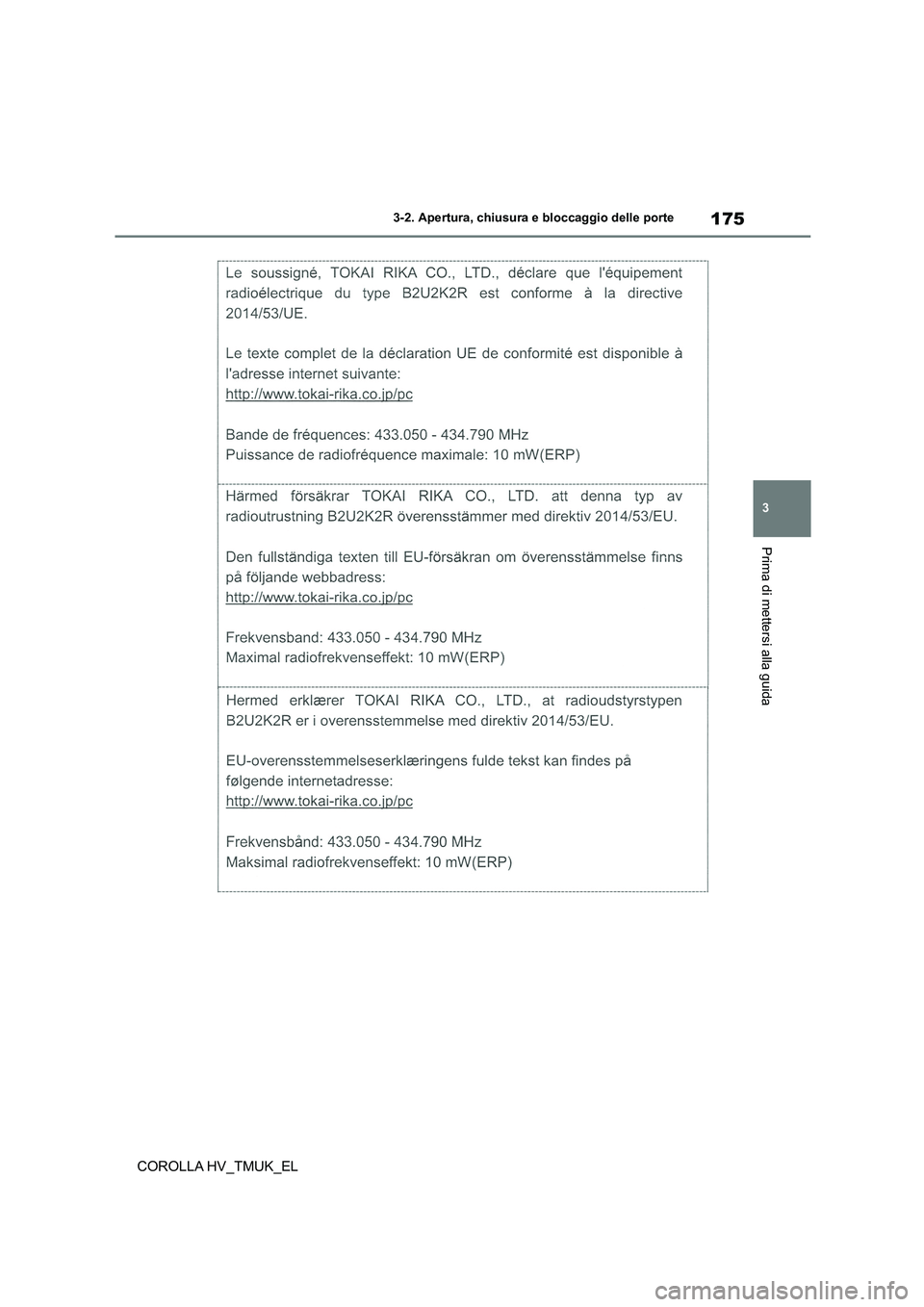 TOYOTA COROLLA HATCHBACK 2021 Manuale duso (in Italian) 175
3
3-2. Apertura, chiusura e bloccaggio delle porte
Prima di mettersi alla guida
COROLLA HV_TMUK_EL TOYOTA COROLLA HATCHBACK 2021 Manuale duso (in Italian) 175
3
3-2. Apertura, chiusura e bloccaggio delle porte
Prima di mettersi alla guida
COROLLA HV_TMUK_EL