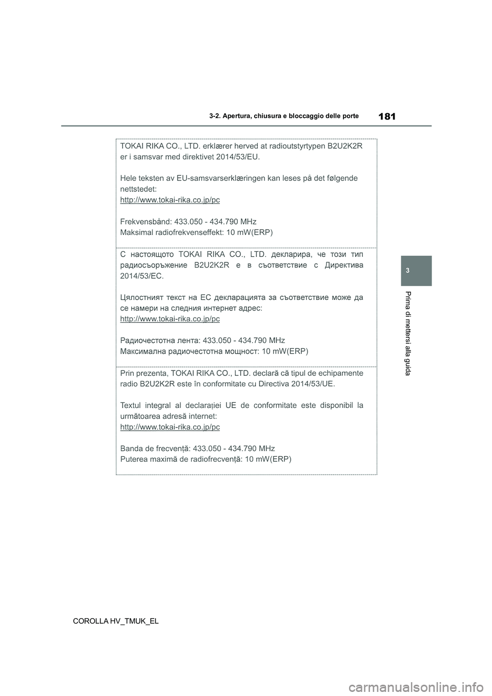 TOYOTA COROLLA HATCHBACK 2021 Manuale duso (in Italian) 181
3
3-2. Apertura, chiusura e bloccaggio delle porte
Prima di mettersi alla guida
COROLLA HV_TMUK_EL TOYOTA COROLLA HATCHBACK 2021 Manuale duso (in Italian) 181
3
3-2. Apertura, chiusura e bloccaggio delle porte
Prima di mettersi alla guida
COROLLA HV_TMUK_EL