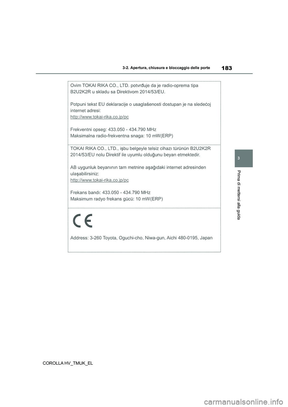 TOYOTA COROLLA HATCHBACK 2021 Manuale duso (in Italian) 183
3
3-2. Apertura, chiusura e bloccaggio delle porte
Prima di mettersi alla guida
COROLLA HV_TMUK_EL TOYOTA COROLLA HATCHBACK 2021 Manuale duso (in Italian) 183
3
3-2. Apertura, chiusura e bloccaggio delle porte
Prima di mettersi alla guida
COROLLA HV_TMUK_EL