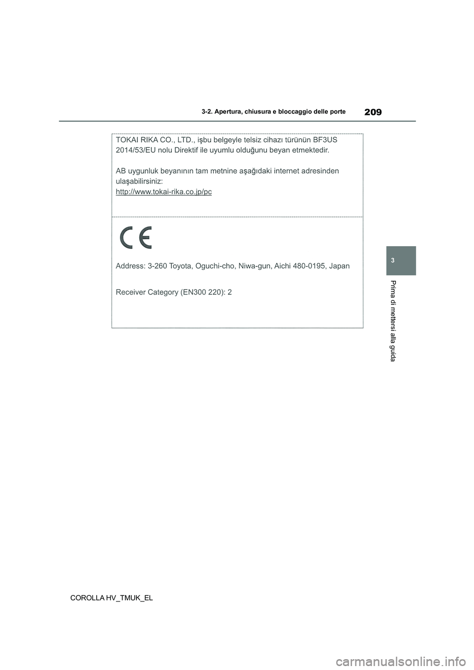 TOYOTA COROLLA HATCHBACK 2021  Manuale duso (in Italian) 209
3 
3-2. Apertura, chiusura e bloccaggio delle porte
Prima di mettersi alla guida
COROLLA HV_TMUK_EL 