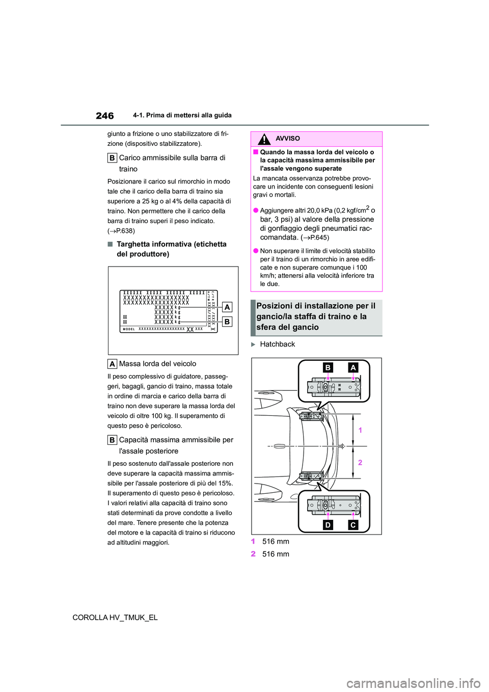 TOYOTA COROLLA HATCHBACK 2021 Manuale duso (in Italian) 2464-1. Prima di mettersi alla guida
COROLLA HV_TMUK_EL
giunto a frizione o uno stabilizzatore di fri-
zione (dispositivo stabilizzatore).
Carico ammissibile sulla barra di
traino
Posizionare il ca TOYOTA COROLLA HATCHBACK 2021 Manuale duso (in Italian) 2464-1. Prima di mettersi alla guida
COROLLA HV_TMUK_EL
giunto a frizione o uno stabilizzatore di fri-
zione (dispositivo stabilizzatore).
Carico ammissibile sulla barra di
traino
Posizionare il ca