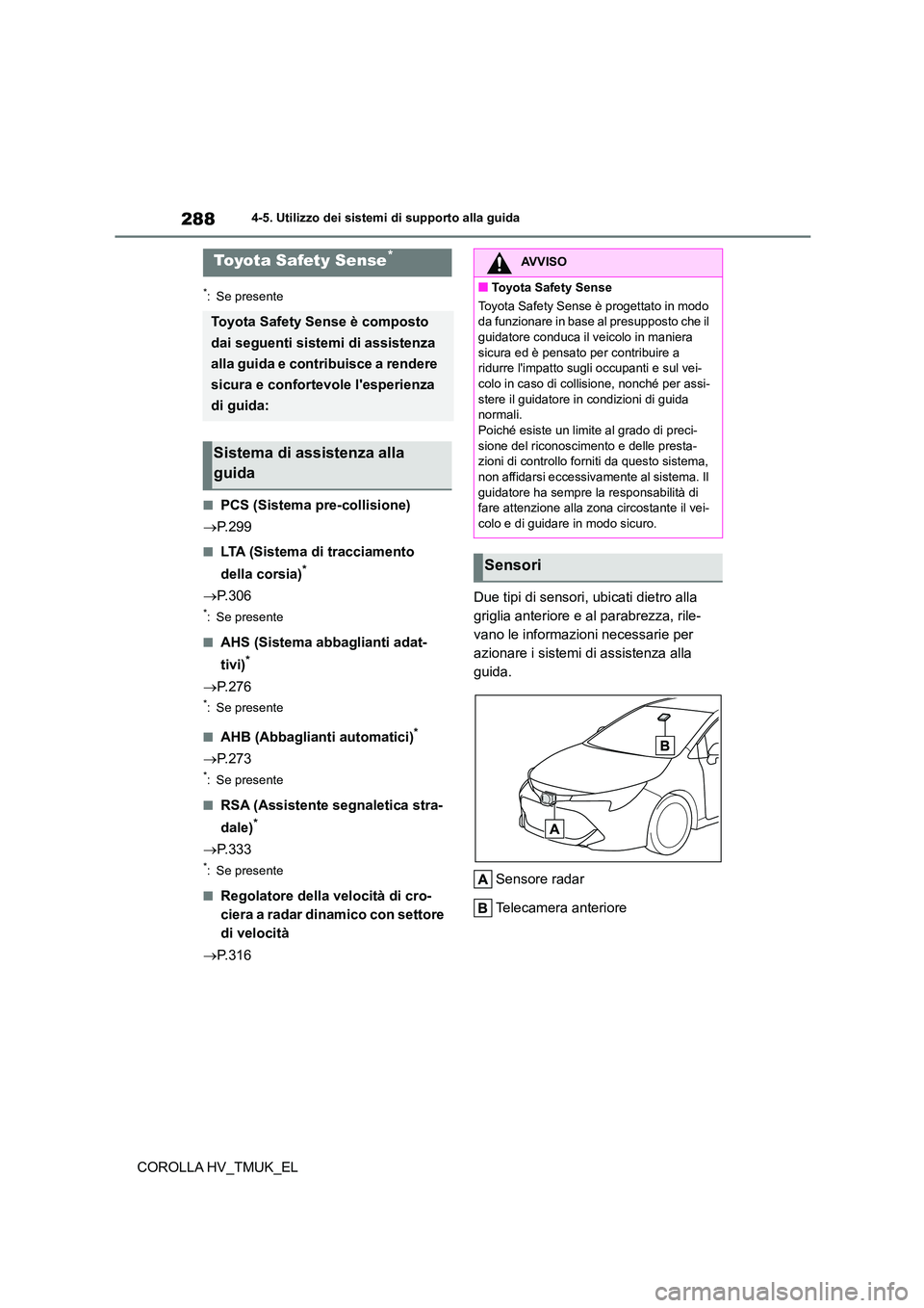 TOYOTA COROLLA HATCHBACK 2021 Manuale duso (in Italian) 2884-5. Utilizzo dei sistemi di supporto alla guida
COROLLA HV_TMUK_EL
4-5.Utilizzo dei sistemi di supporto alla guida
*: Se presente
■PCS (Sistema pre-collisione)
P.299
■LTA (Sistema di trac TOYOTA COROLLA HATCHBACK 2021 Manuale duso (in Italian) 2884-5. Utilizzo dei sistemi di supporto alla guida
COROLLA HV_TMUK_EL
4-5.Utilizzo dei sistemi di supporto alla guida
*: Se presente
■PCS (Sistema pre-collisione)
P.299
■LTA (Sistema di trac