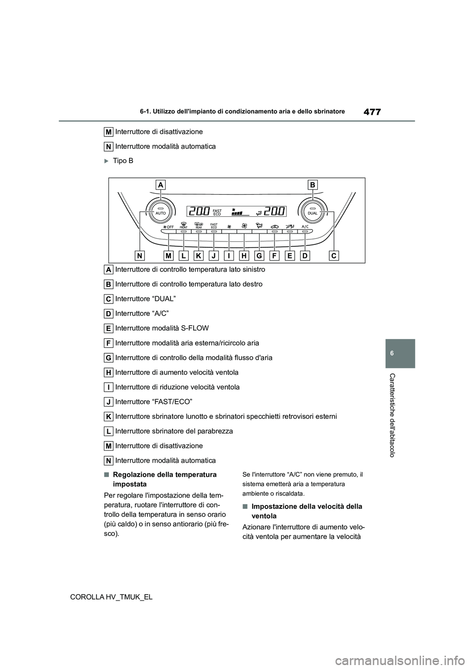 TOYOTA COROLLA HATCHBACK 2020 Manuale duso (in Italian) 477
6
6-1. Utilizzo dellimpianto di cond izionamento aria e dello sbrinatore
Caratteristiche dellabitacolo
COROLLA HV_TMUK_EL
Interruttore di disattivazione
Interruttore modalità automatica
T TOYOTA COROLLA HATCHBACK 2020 Manuale duso (in Italian) 477
6
6-1. Utilizzo dellimpianto di cond izionamento aria e dello sbrinatore
Caratteristiche dellabitacolo
COROLLA HV_TMUK_EL
Interruttore di disattivazione
Interruttore modalità automatica
T