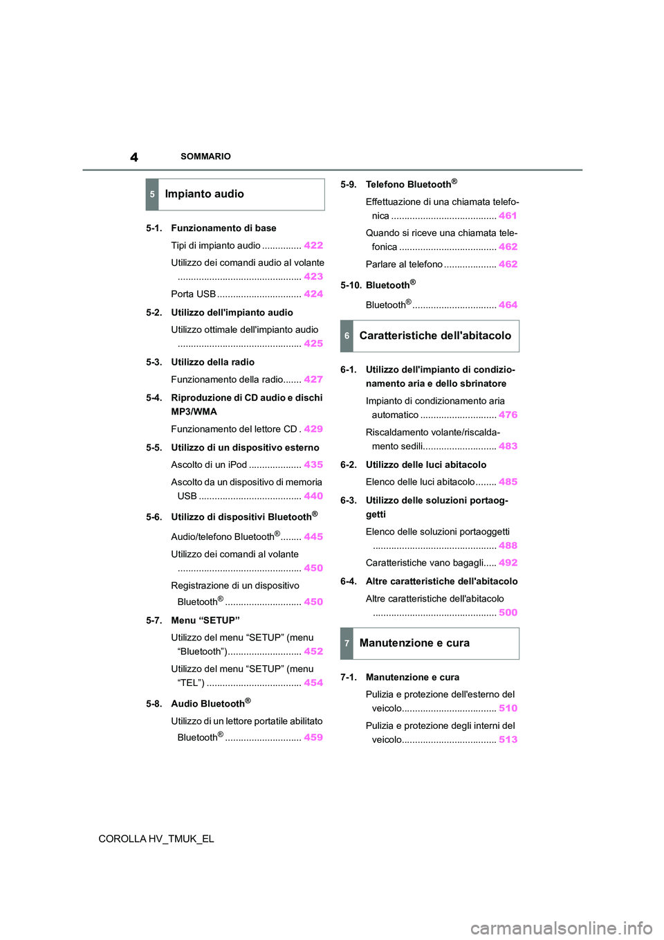 TOYOTA COROLLA HATCHBACK 2021  Manuale duso (in Italian) 4SOMMARIO
COROLLA HV_TMUK_EL
5-1. Funzionamento di base 
Tipi di impianto audio ............... 422 
Utilizzo dei comandi audio al volante 
............................................... 423 
Porta U
