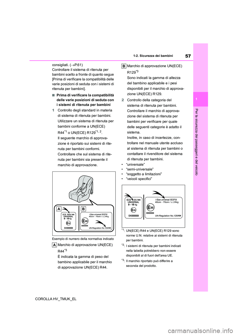 TOYOTA COROLLA HATCHBACK 2021  Manuale duso (in Italian) 57
1 
1-2. Sicurezza dei bambini
Per la sicurezza dei passeggeri e del veicolo
COROLLA HV_TMUK_EL 
consigliati. ( P. 6 1 ) 
Controllare il sistema di ritenuta per 
bambini scelto a fronte di quanto